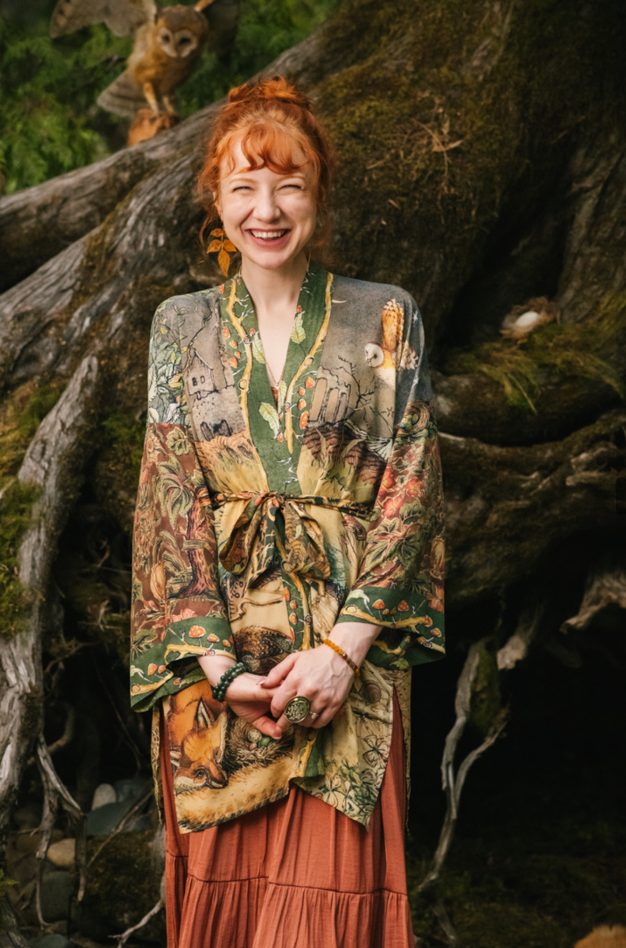 Woodland Wisdom Matinée Duster w/ Florals, Fox & Owl