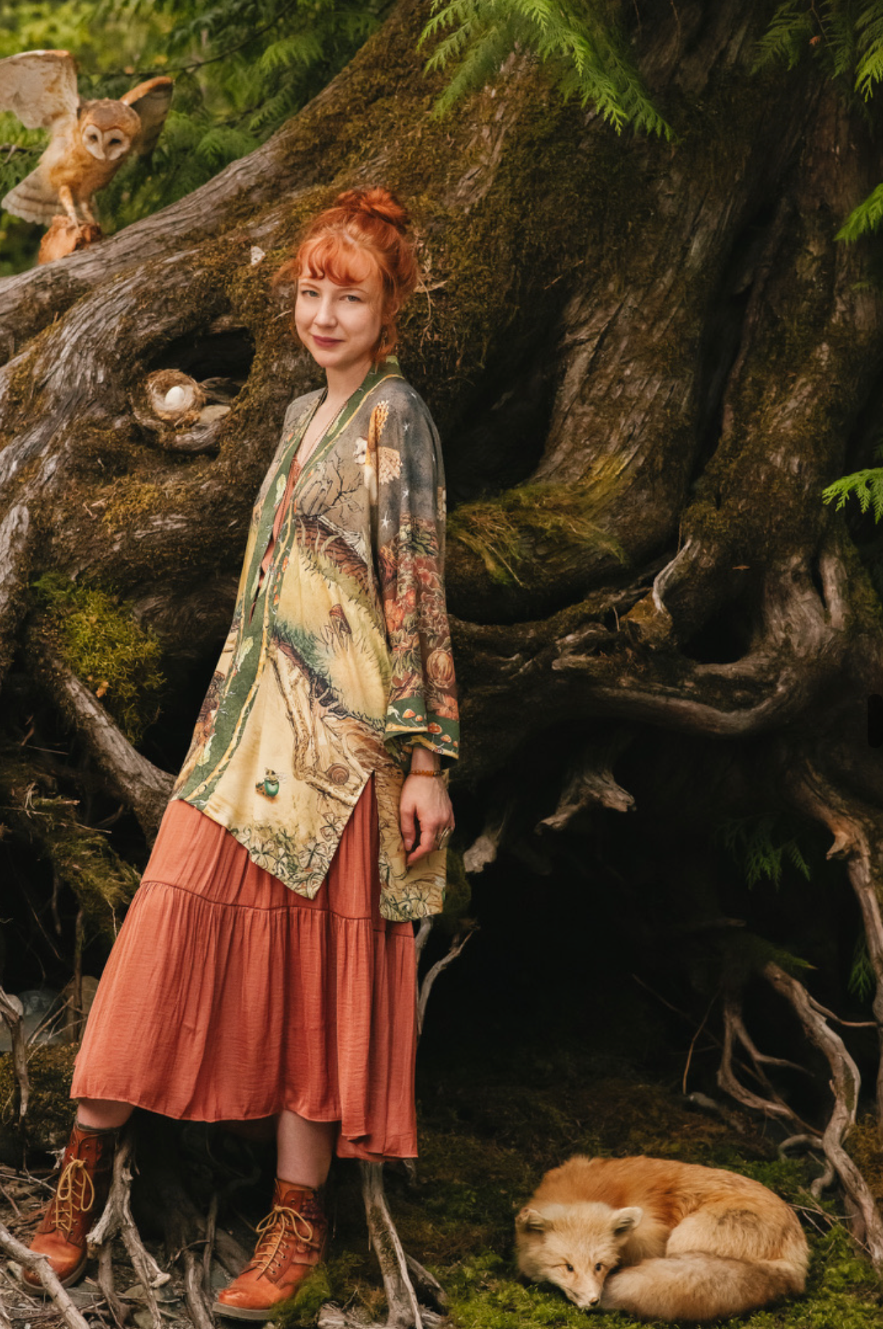 Woodland Wisdom Matinée Duster w/ Florals, Fox & Owl