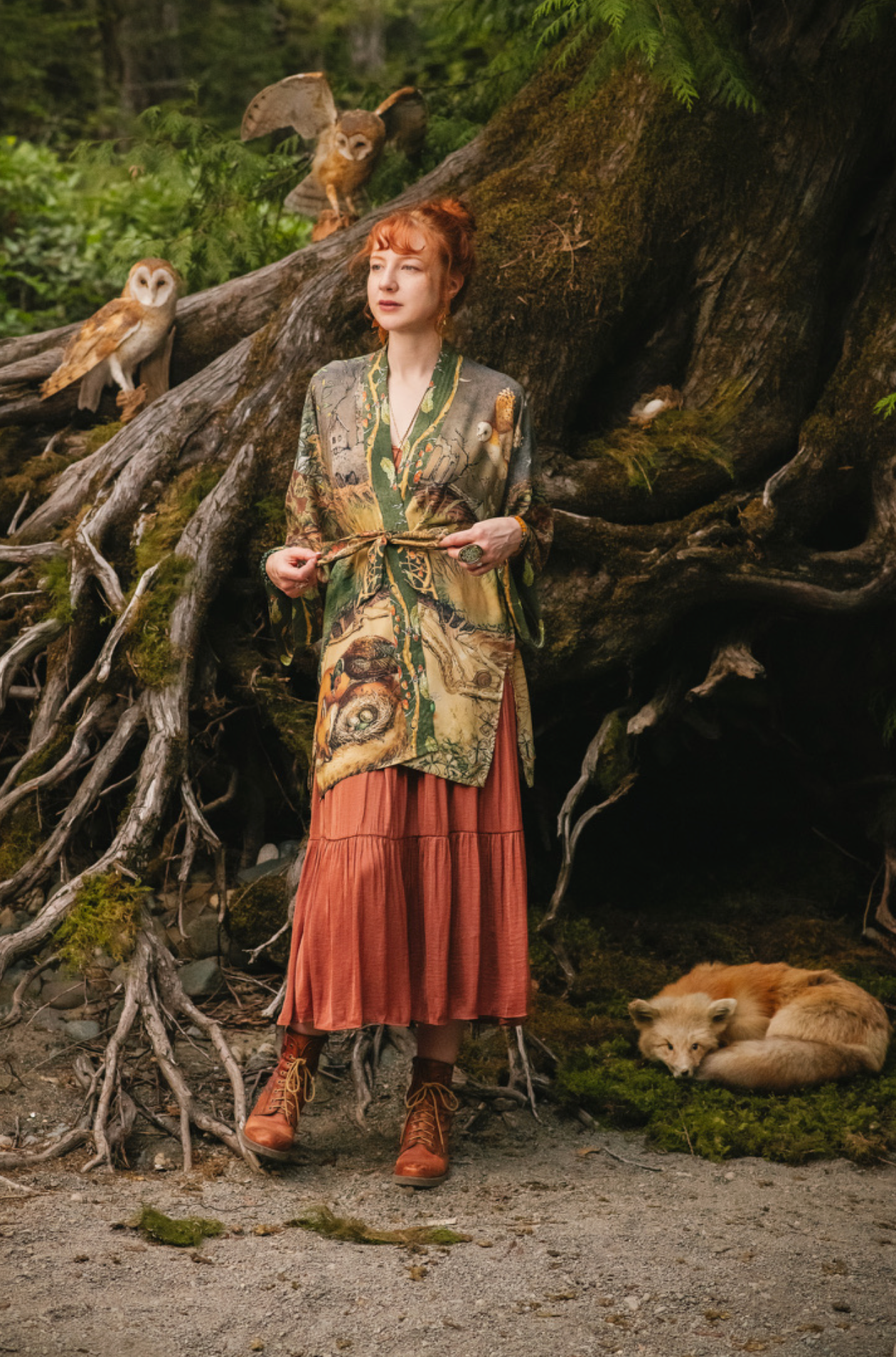 Woodland Wisdom Matinée Duster w/ Florals, Fox & Owl