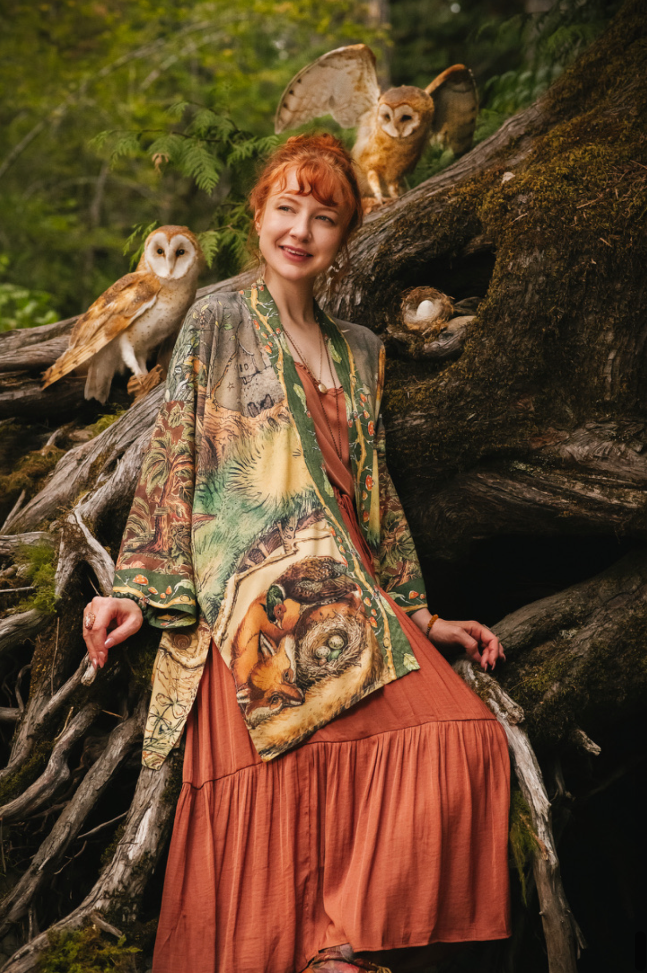 Woodland Wisdom Matinée Duster w/ Florals, Fox & Owl