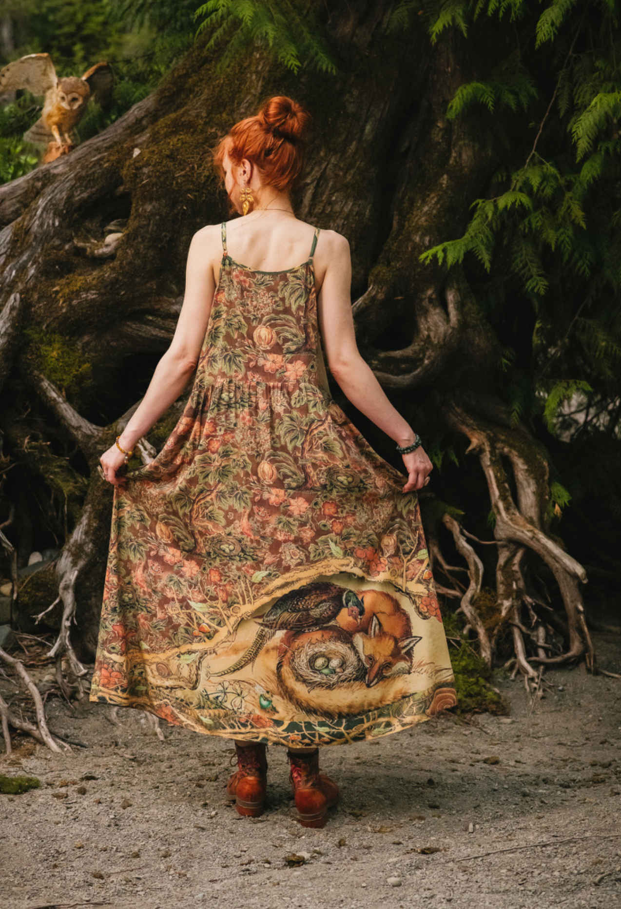 Woodland Wisdom Bohéme Maxi Slip Dress w/ Florals, Fox & Owl