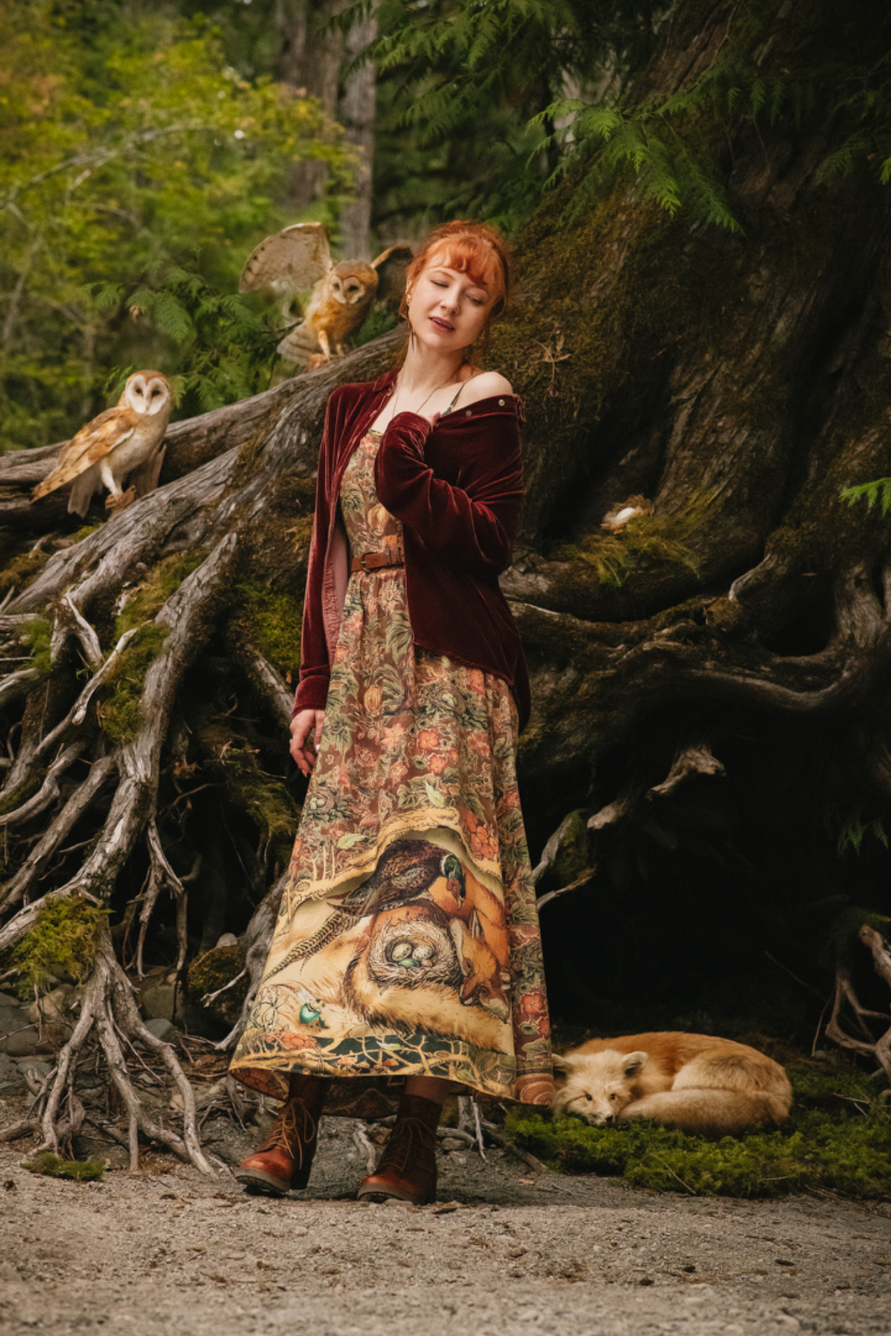 Woodland Wisdom Bohéme Maxi Slip Dress w/ Florals, Fox & Owl