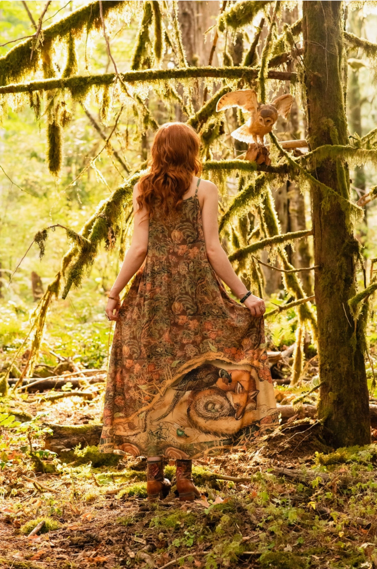Woodland Wisdom Bohéme Maxi Slip Dress w/ Florals, Fox & Owl