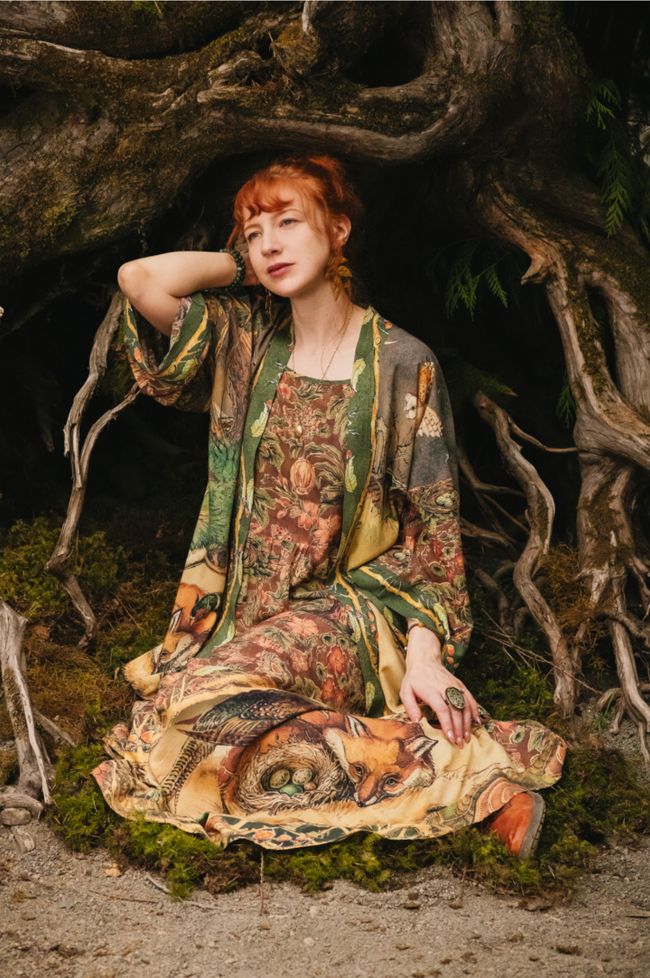 Woodland Wisdom Bohéme Maxi Slip Dress w/ Florals, Fox & Owl