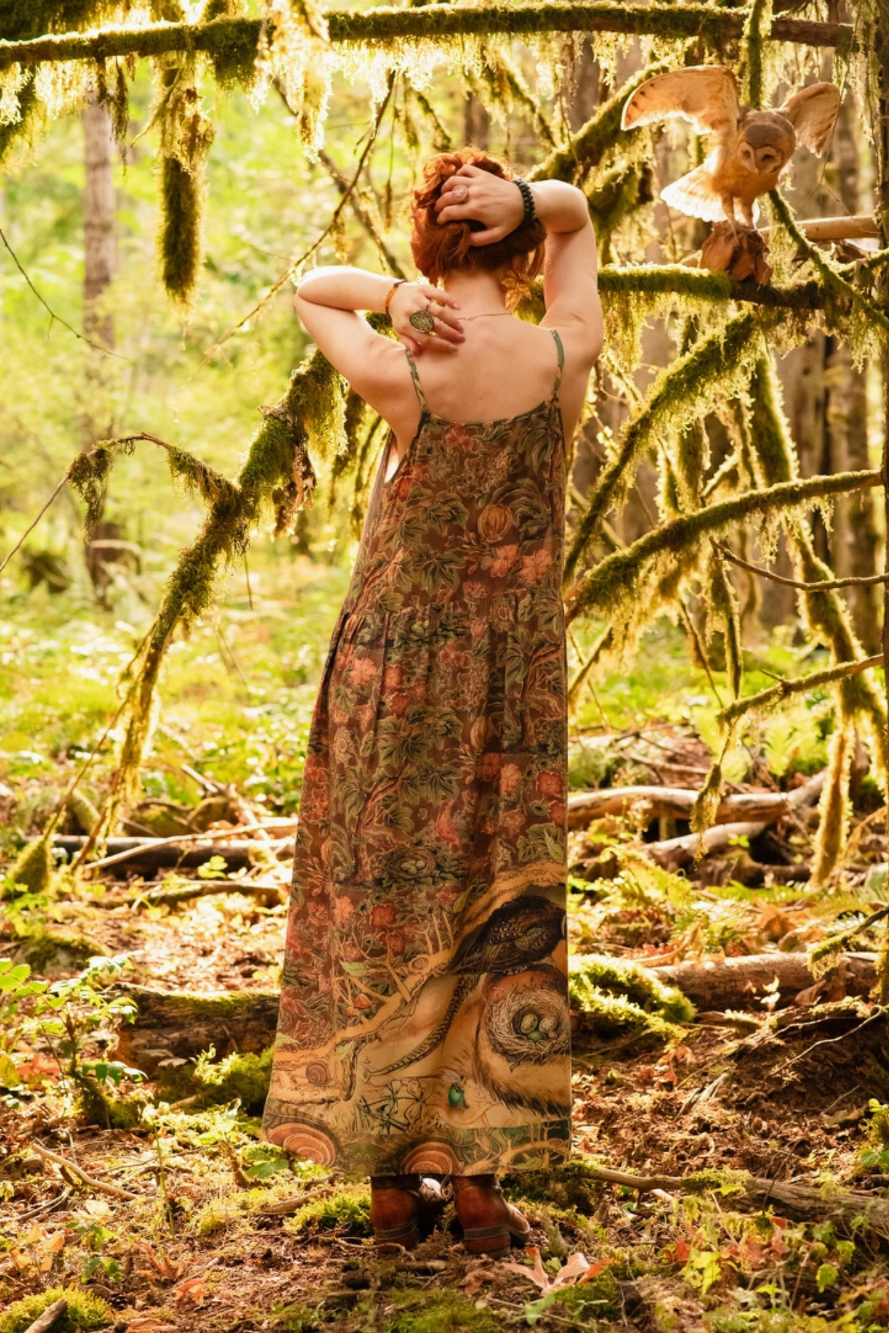 Woodland Wisdom Bohéme Maxi Slip Dress w/ Florals, Fox & Owl