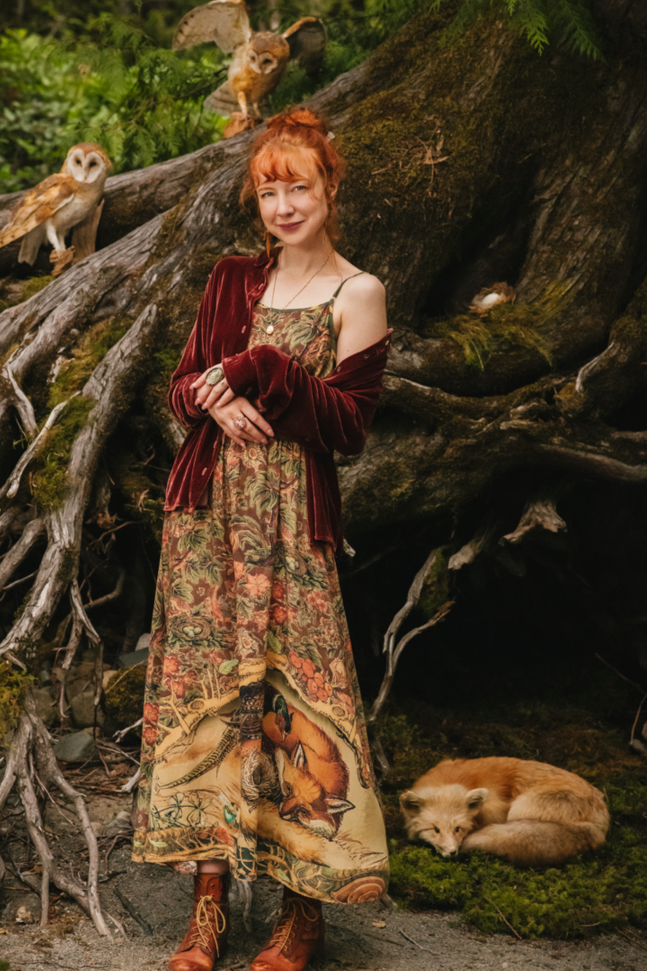 Woodland Wisdom Bohéme Maxi Slip Dress w/ Florals, Fox & Owl