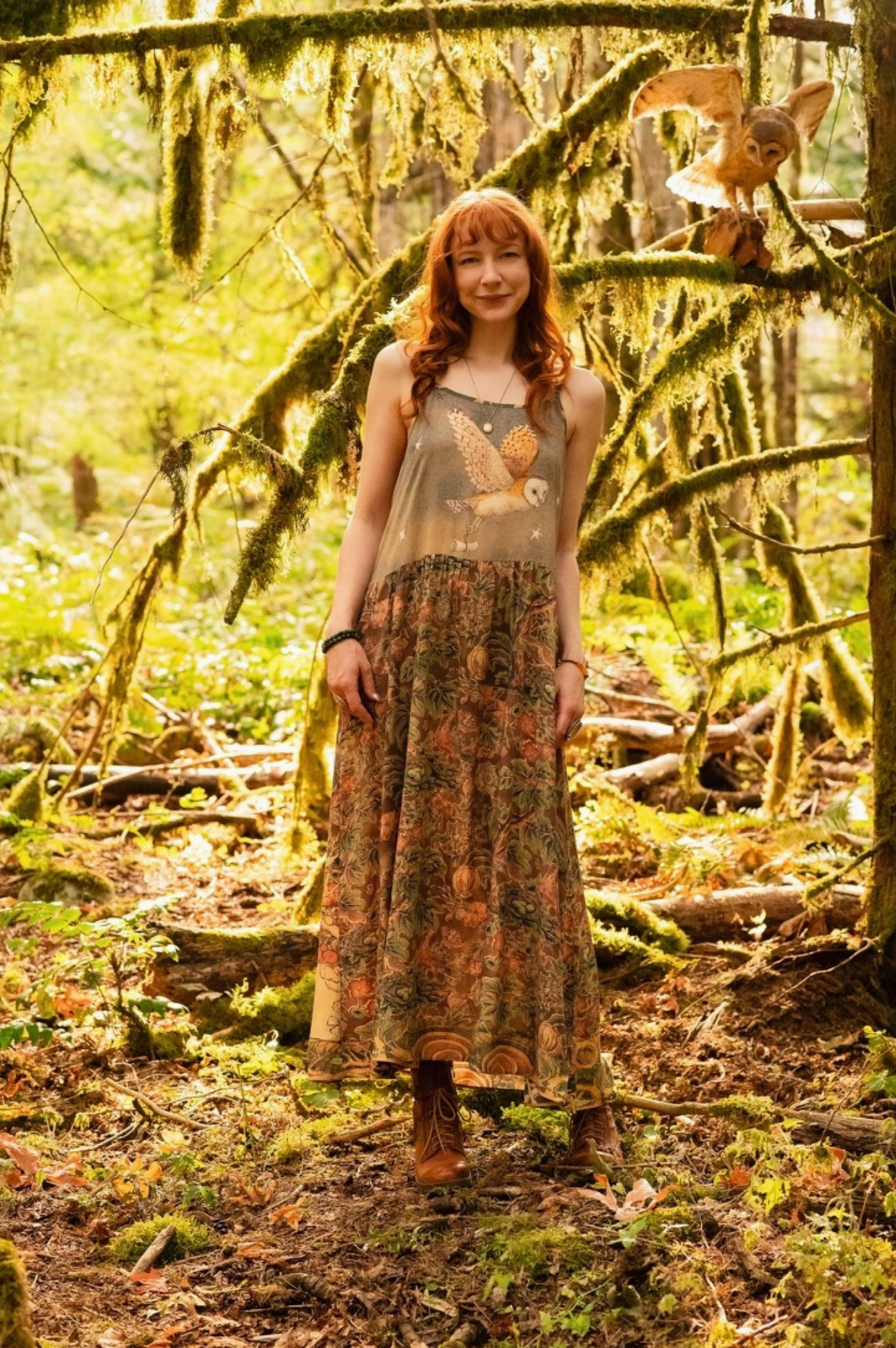 Woodland Wisdom Bohéme Maxi Slip Dress w/ Florals, Fox & Owl