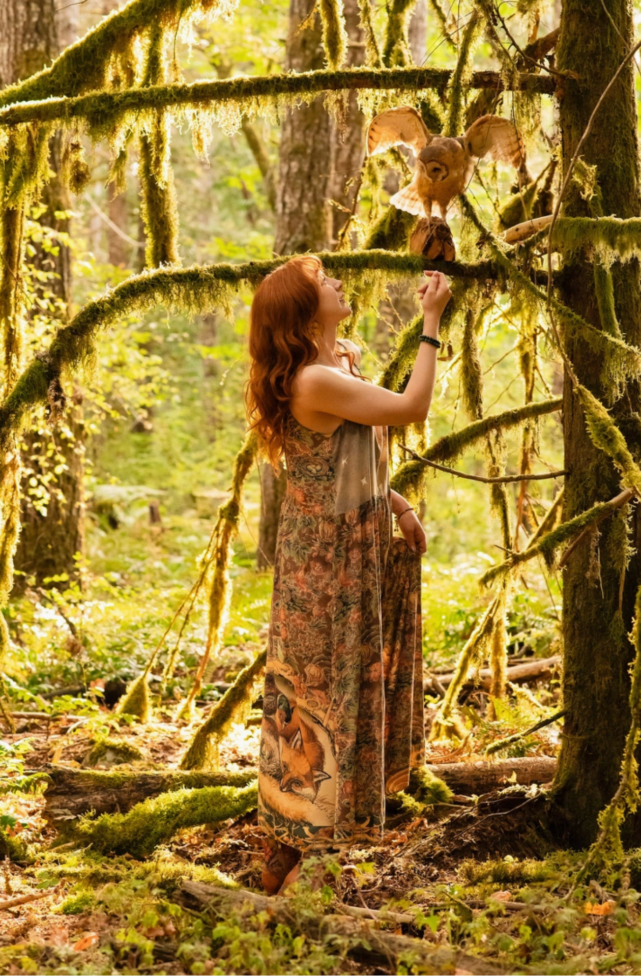 Woodland Wisdom Bohéme Maxi Slip Dress w/ Florals, Fox & Owl