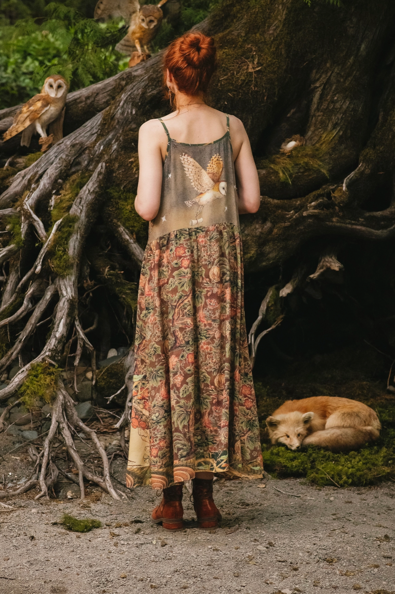 Woodland Wisdom Bohéme Maxi Slip Dress w/ Florals, Fox & Owl