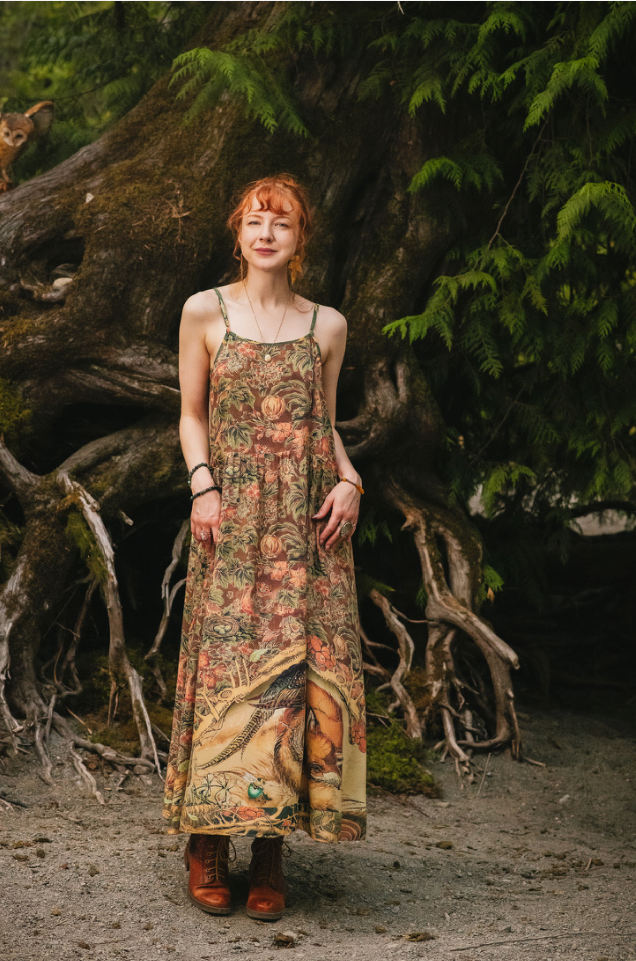 Woodland Wisdom Bohéme Maxi Slip Dress w/ Florals, Fox & Owl