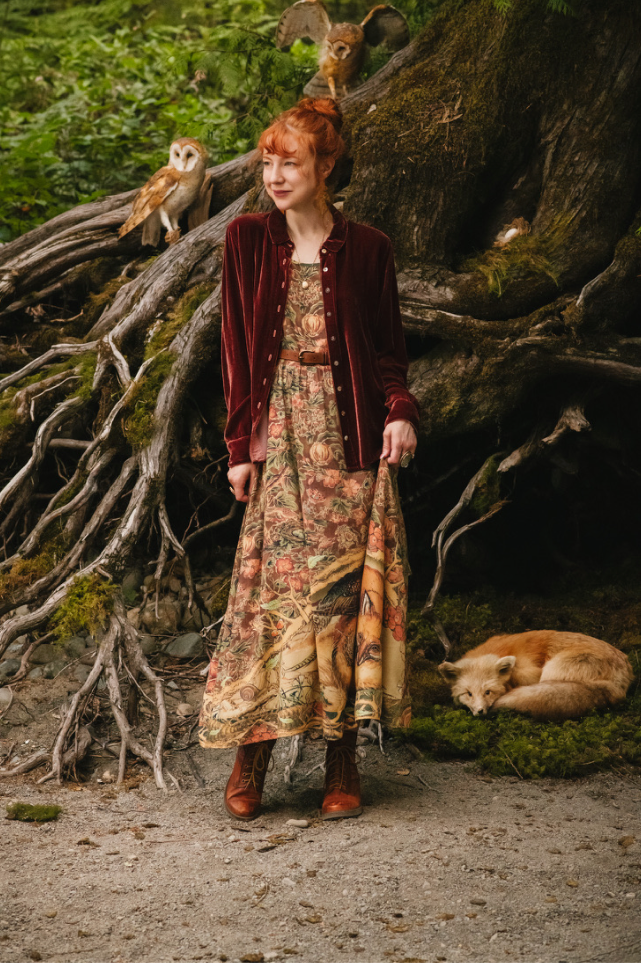 Woodland Wisdom Bohéme Maxi Slip Dress w/ Florals, Fox & Owl