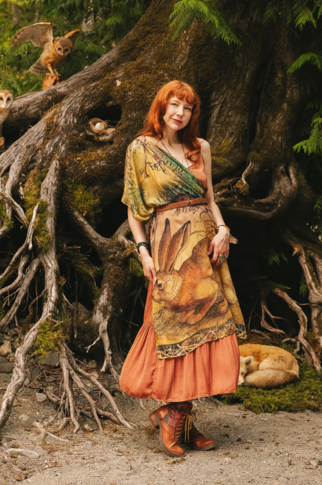 Close-up detail of Woodland Wisdom Bohemian Scarf showing the noble rabbit centrepiece illustration with intricate linework by Charles van Sandwyk, botanical border and moth details — Bliss by Cori