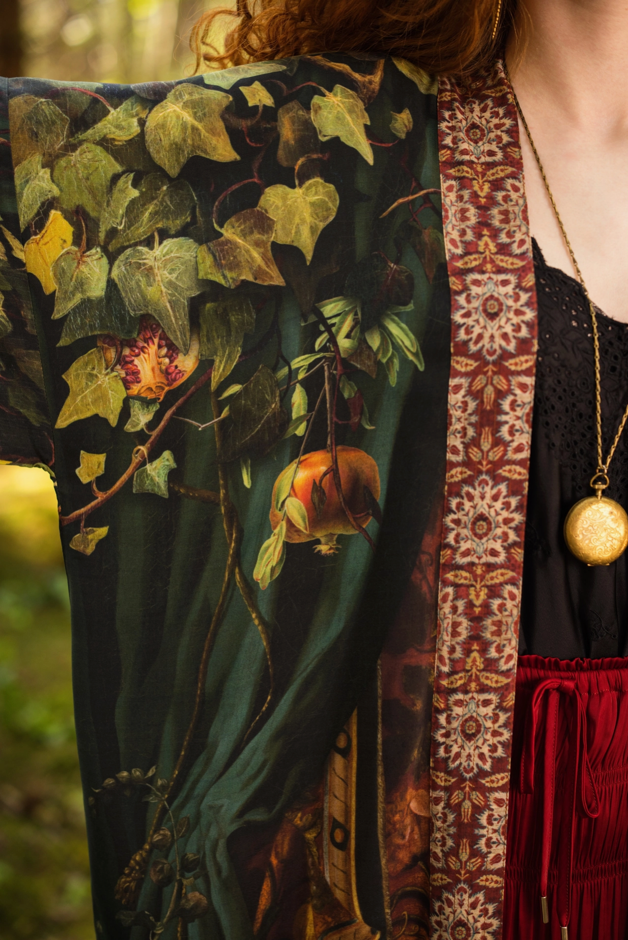 Detail shot of Solstice Opera Duster Kimono showing full Rossetti Proserpine back print with moon, roses, ivy and symbolic hourglass elements — Bliss by Cori