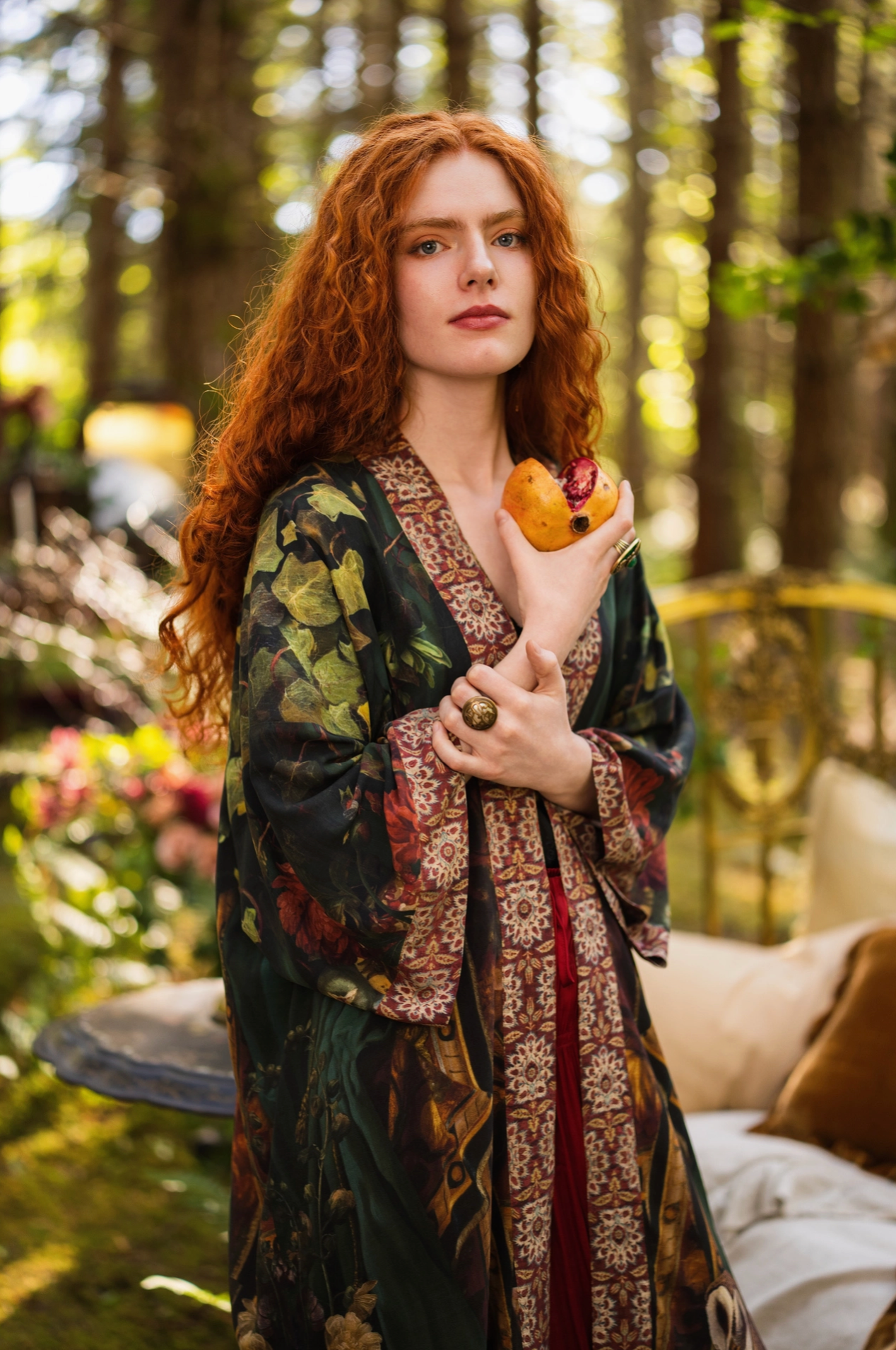Close-up of Solstice Opera Duster Kimono showing owl and moon print on the lower front panel with deep green and warm earthy tones — Bliss by Cori