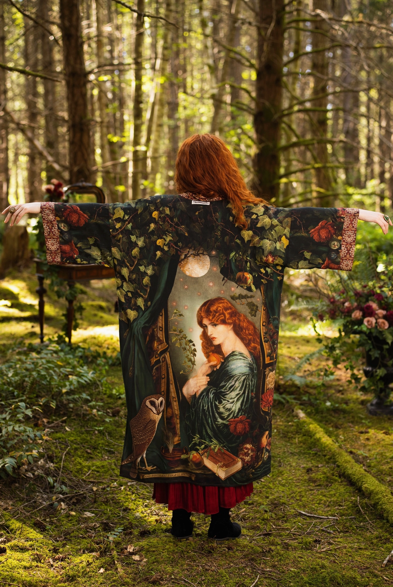 Close-up detail of Solstice Opera Duster Kimono showing Rossetti Proserpine print with pomegranate, ivy, florals and owl illustration in deep green and burgundy — Bliss by Cori