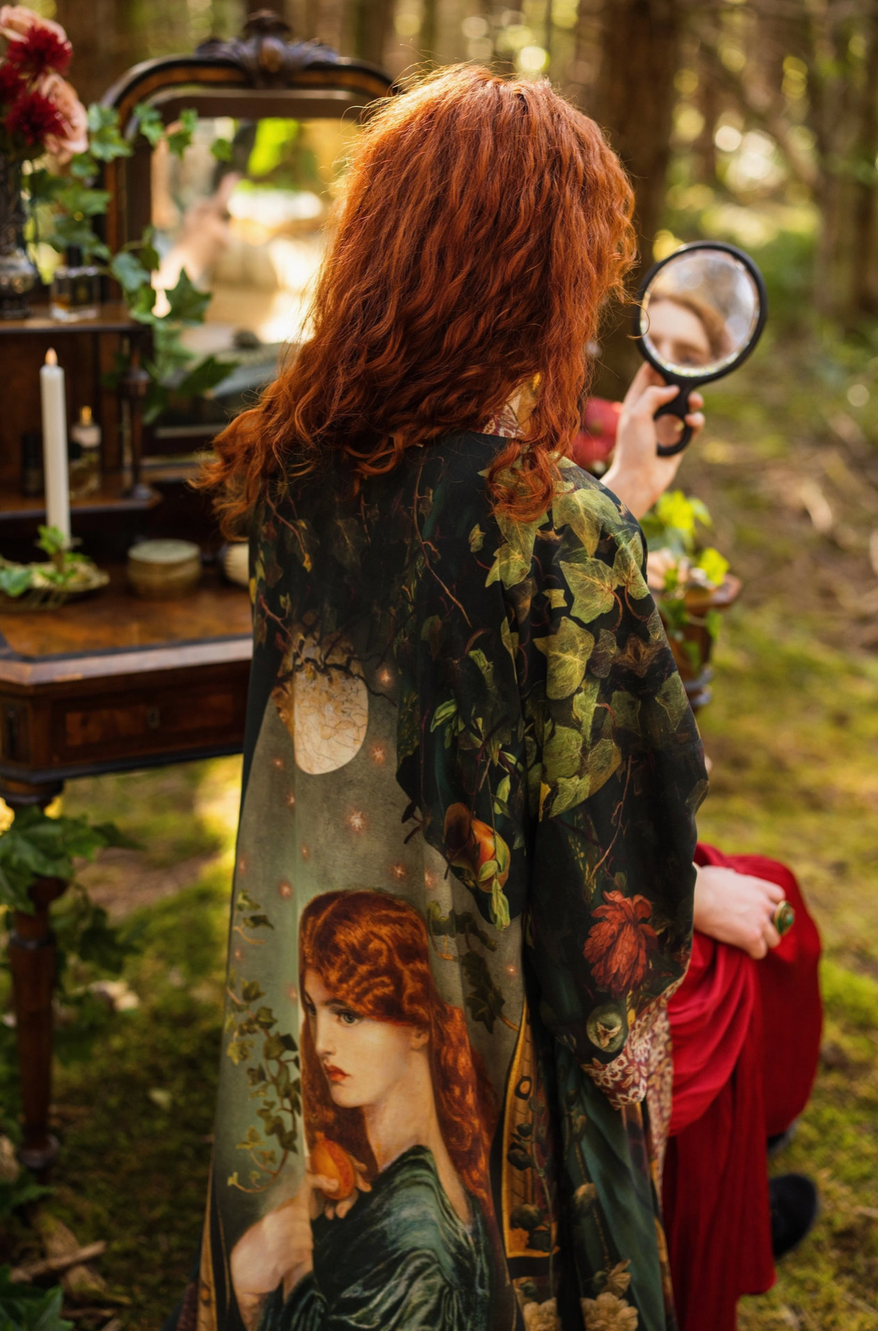 Close-up of Solstice Opera Duster Kimono back print showing Rossetti Proserpine portrait surrounded by moonlit botanicals, roses and ivy in rich earthy tones — Bliss by Cori