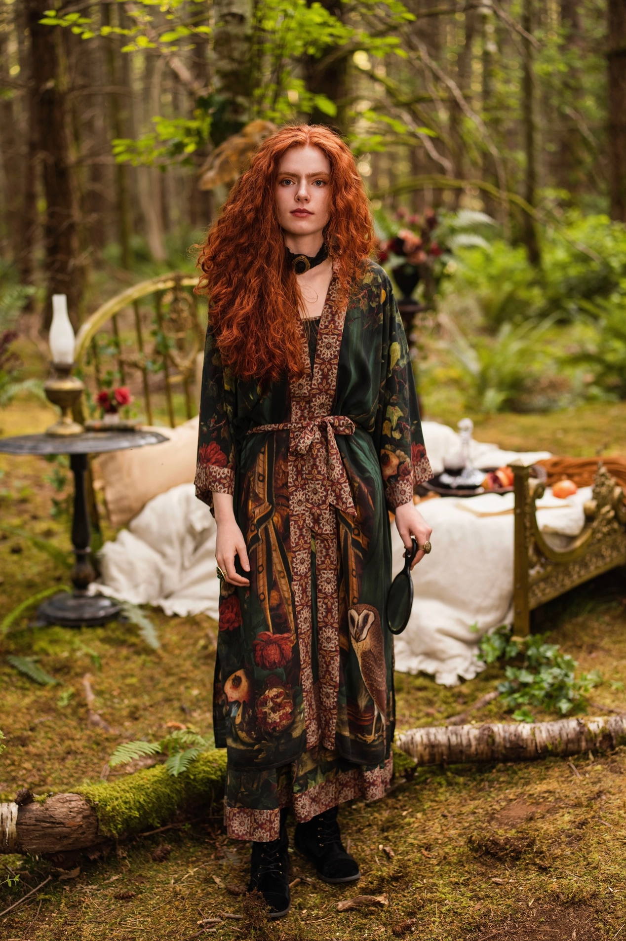 Close-up of Solstice Opera Duster Kimono showing trailing ivy and floral upper back print with moonlit night sky and Proserpine portrait — Bliss by Cori