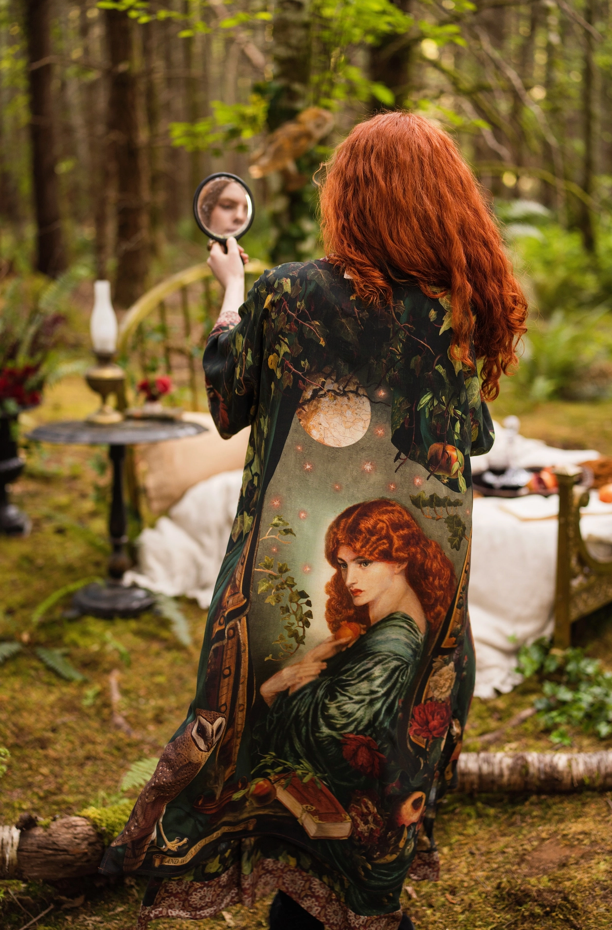 Detail of Solstice Opera Duster Kimono showing full print layout with Rossetti Proserpine, botanical border and tapestry-inspired trim — Bliss by Cori