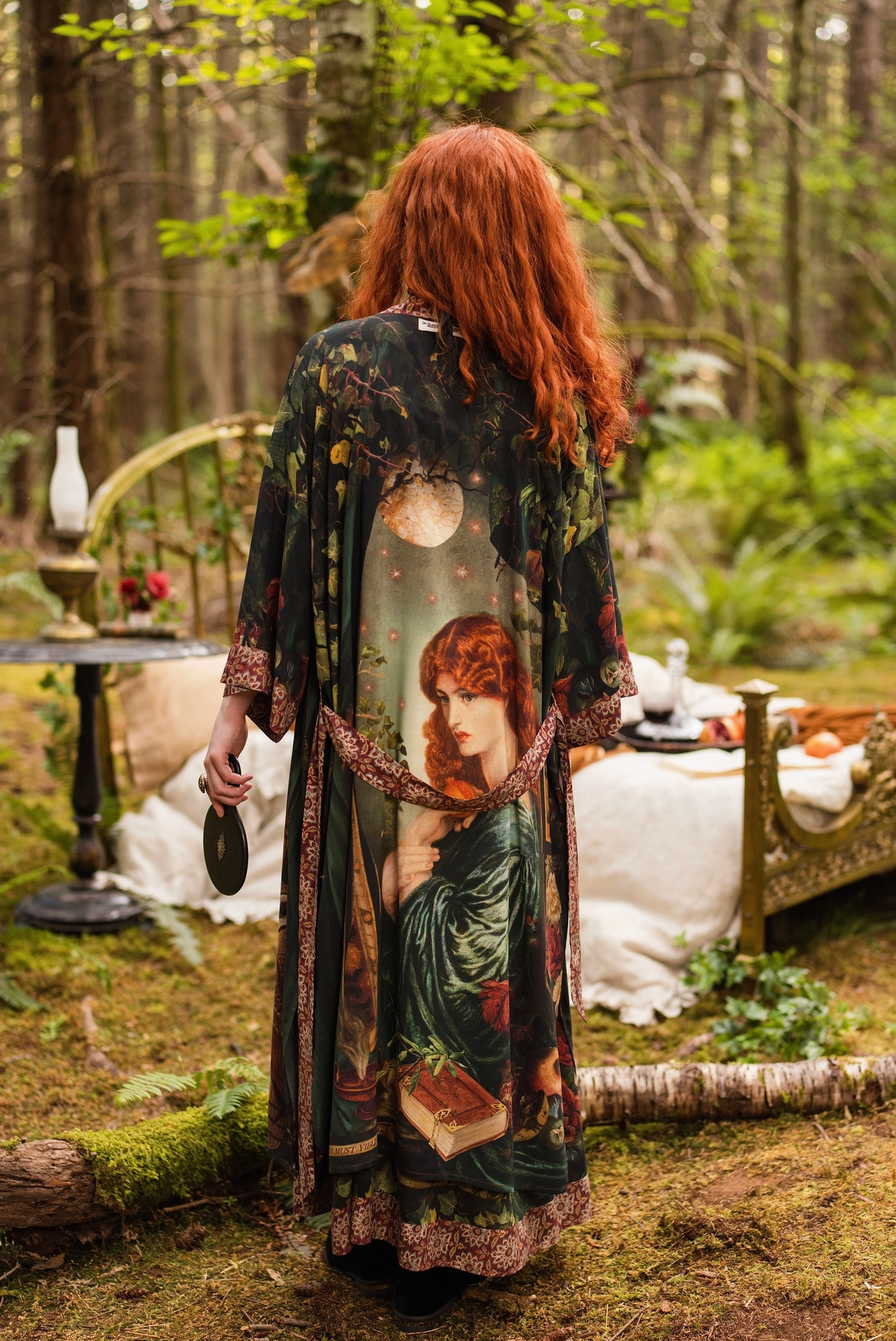 Close-up of Solstice Opera Duster Kimono showing Proserpine portrait and trailing ivy on the upper back panel with moonlit sky detail — Bliss by Cori
