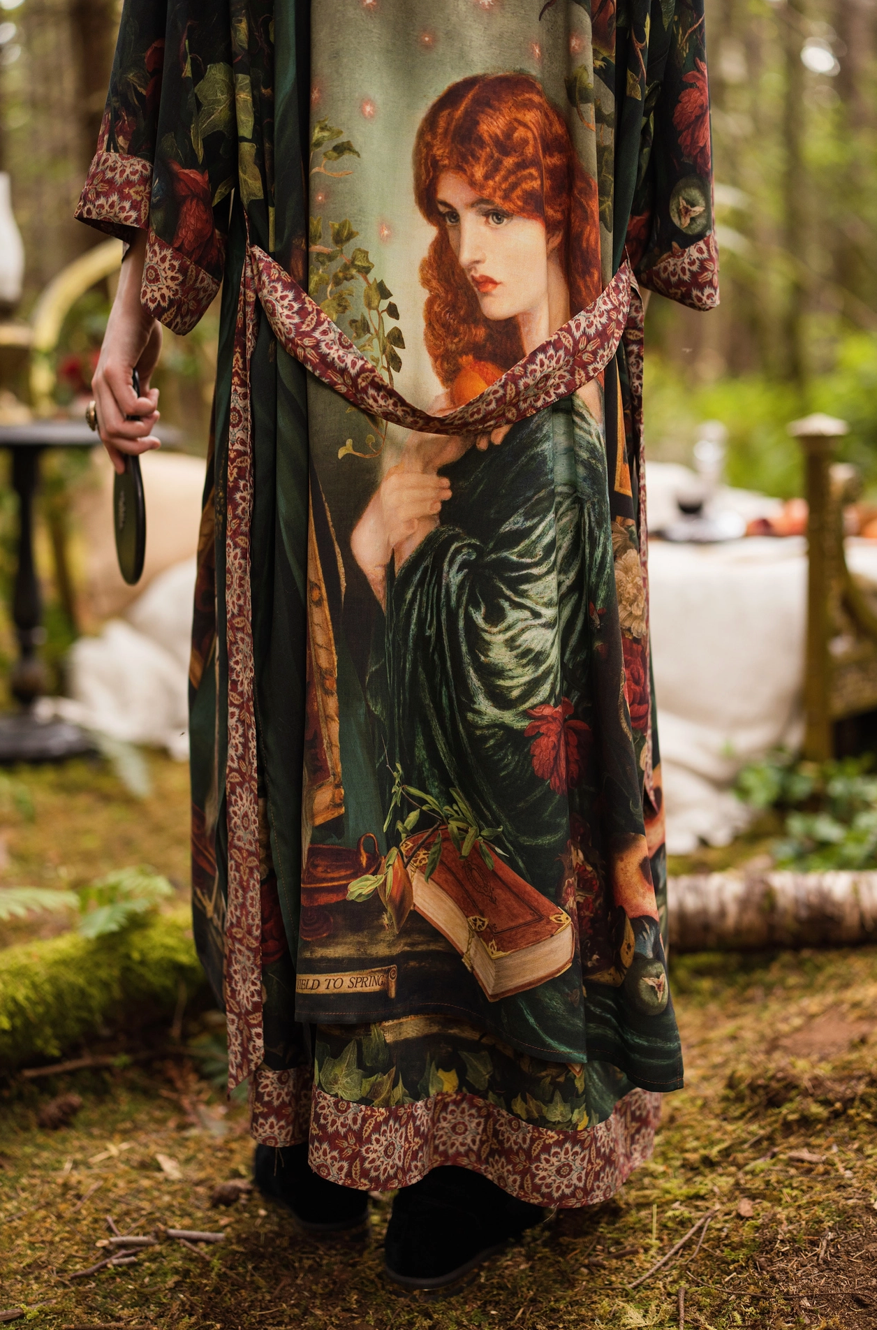 Detail of Solstice Opera Duster Kimono showing Rossetti Proserpine back print with roses, pomegranate and hourglass symbols on deep forest green — Bliss by Cori