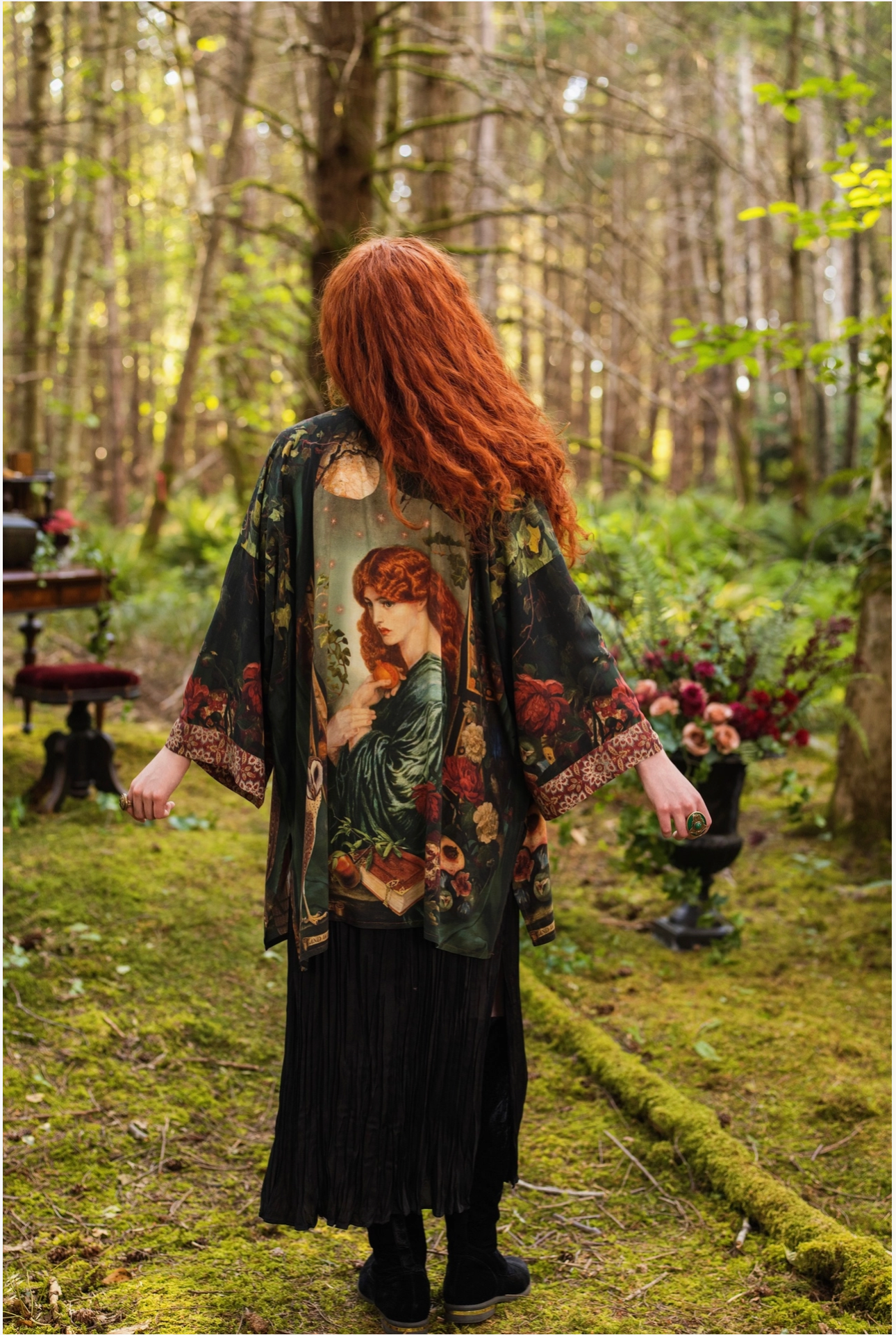 Close-up of Solstice Matinée Mid-Length Duster Kimono showing Rossetti Proserpine portrait print with pomegranate, ivy and floral detail on deep forest green viscose — Bliss by Cori