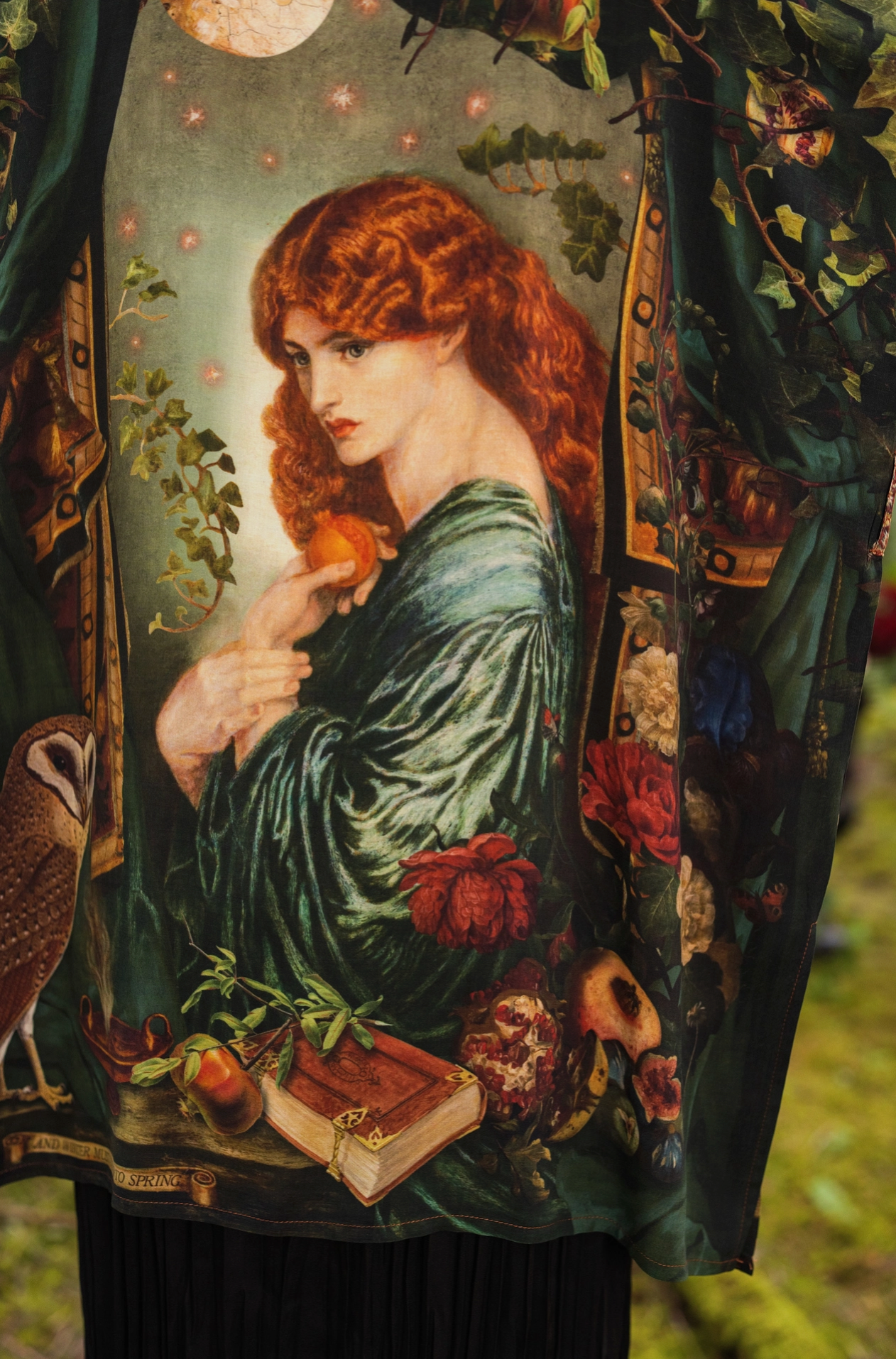 Close-up of Solstice Matinée Mid-Length Duster Kimono showing full Rossetti Proserpine portrait centrepiece print with moon, roses, ivy, pomegranate, antique book and barn owl on deep green — Bliss by Cori