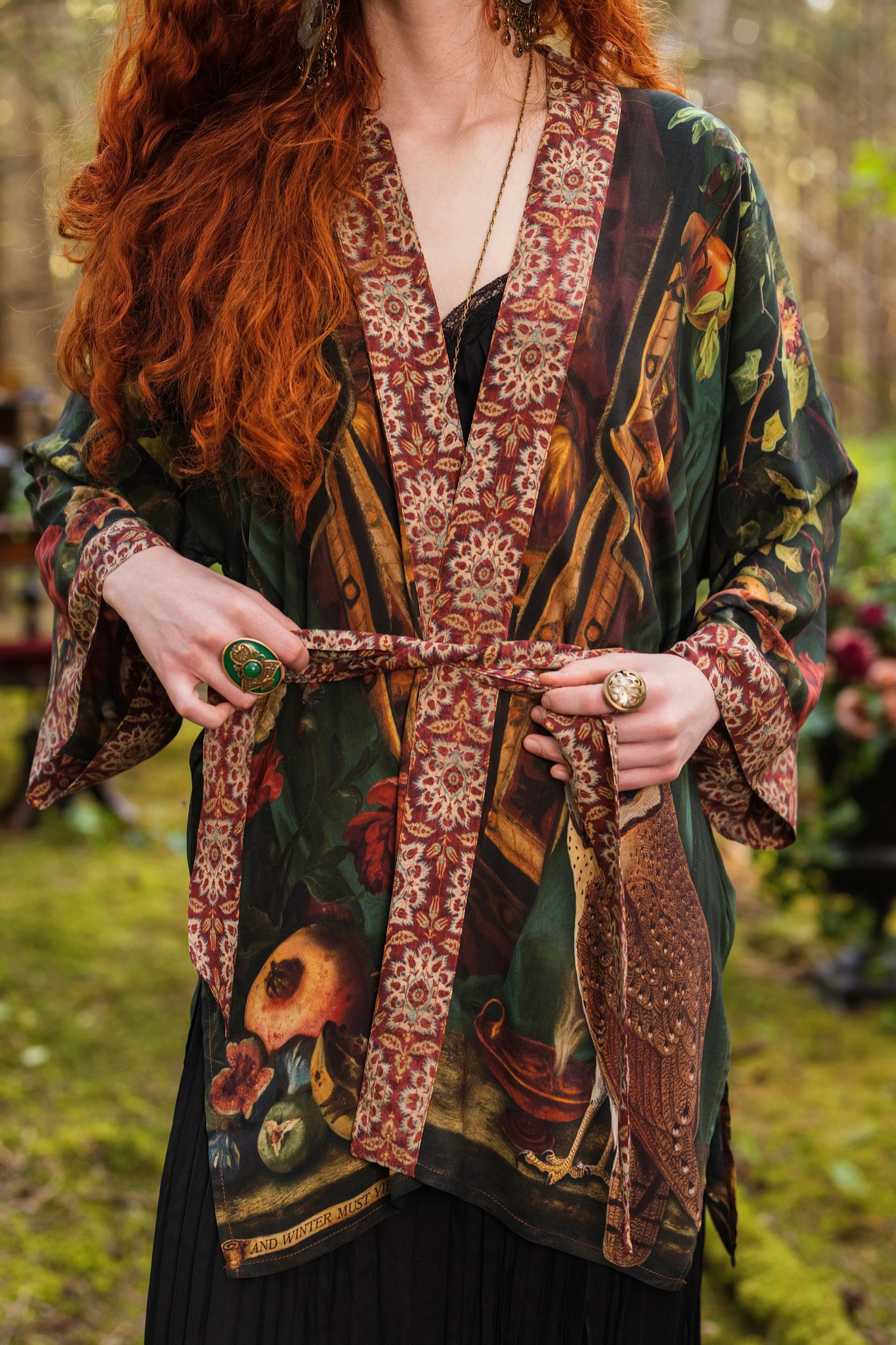Close-up of Solstice Matinée Mid-Length Duster Kimono showing Proserpine portrait upper back print with moonlit sky, stars and trailing ivy on forest green — Bliss by Cori