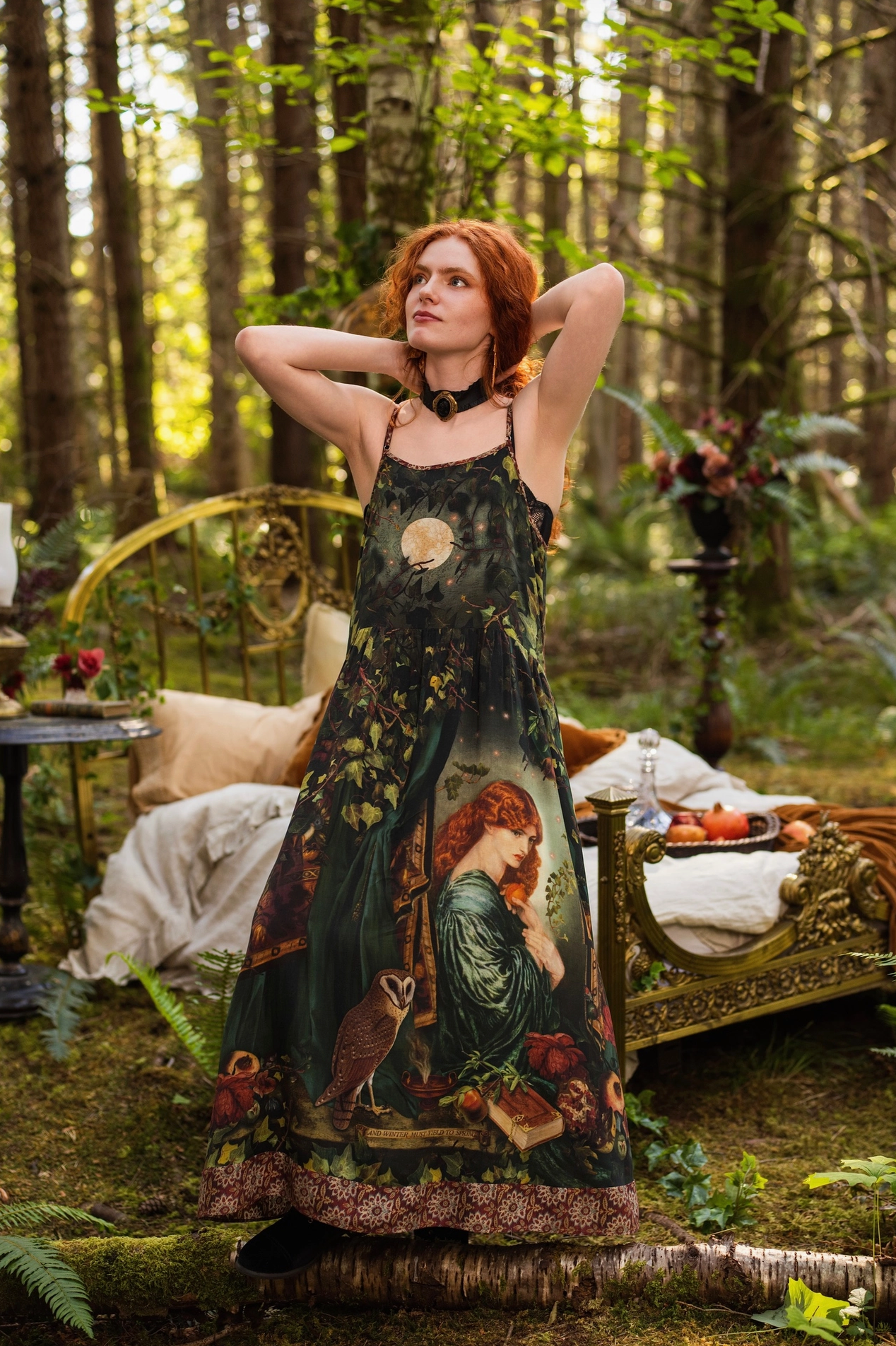 Close-up of Solstice Bohéme Maxi Slip Dress showing full moon surrounded by trailing ivy and sparkling stars on dark green viscose with lace neckline trim — Bliss by Cori