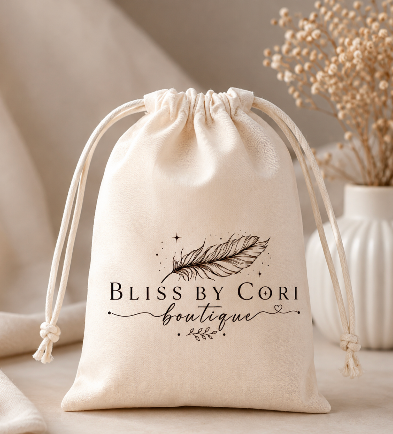 Cream drawstring jewelry gift pouch with Bliss by Cori Boutique feather logo – included with every jewelry purchase