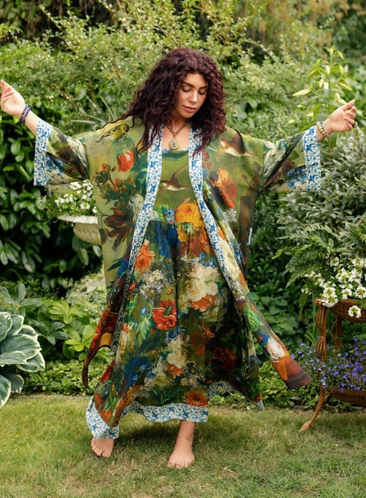 Flora Poetica Bohème Maxi Slip Dress with Florals & Birds