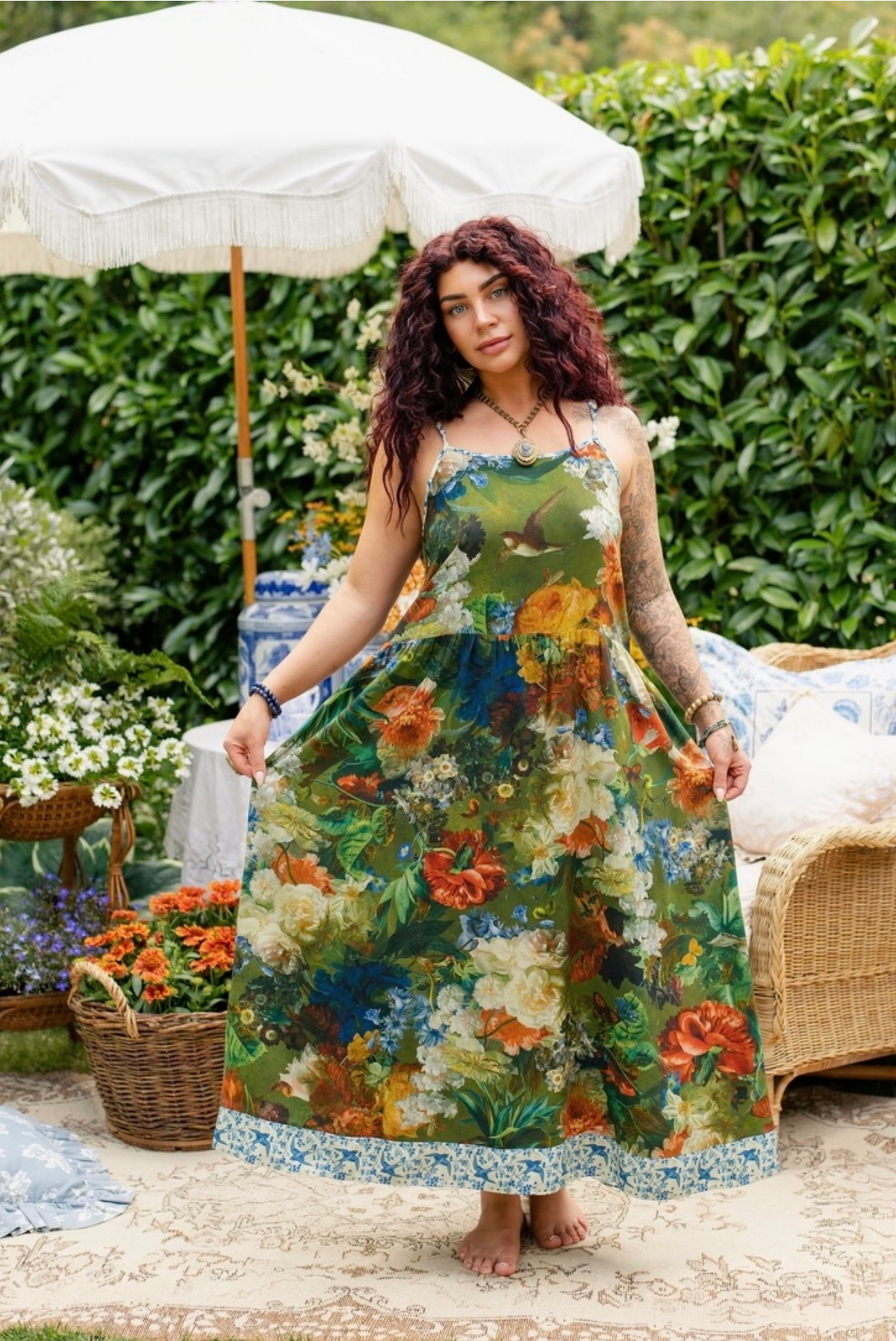 Flora Poetica Bohème Maxi Slip Dress with Florals & Birds