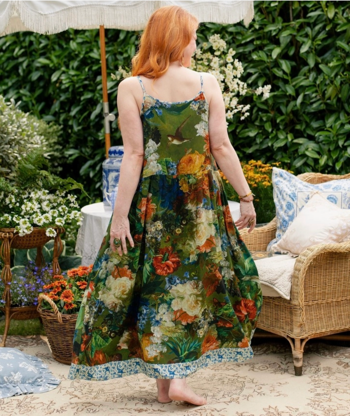 Flora Poetica Bohème Maxi Slip Dress with Florals & Birds