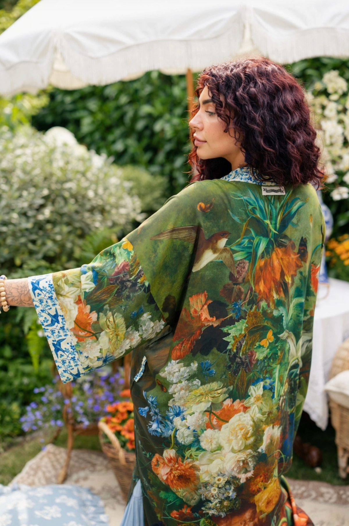 Side view of the flowing Flora Poetica botanical opera duster | Bliss by Cor