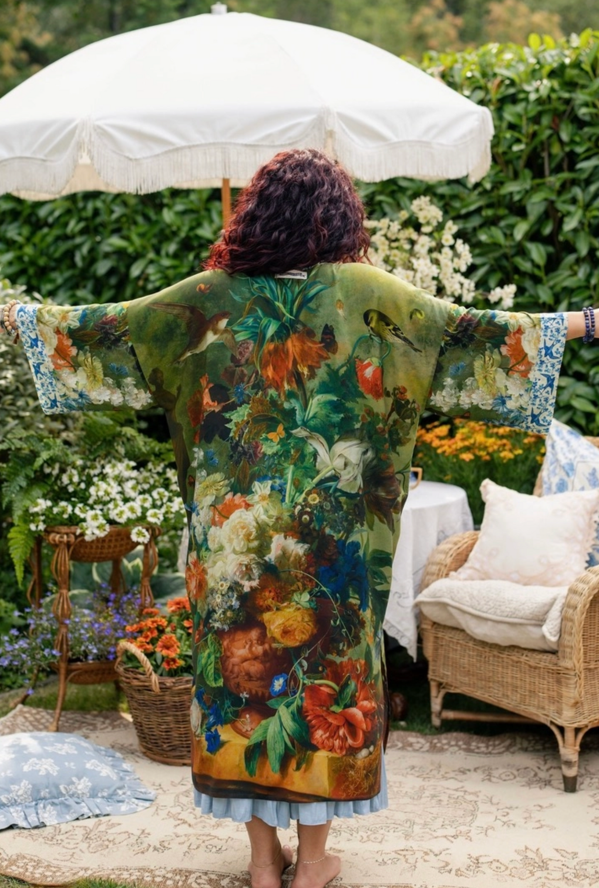 Model wearing the Flora Poetica botanical opera duster full length | Bliss by Cori