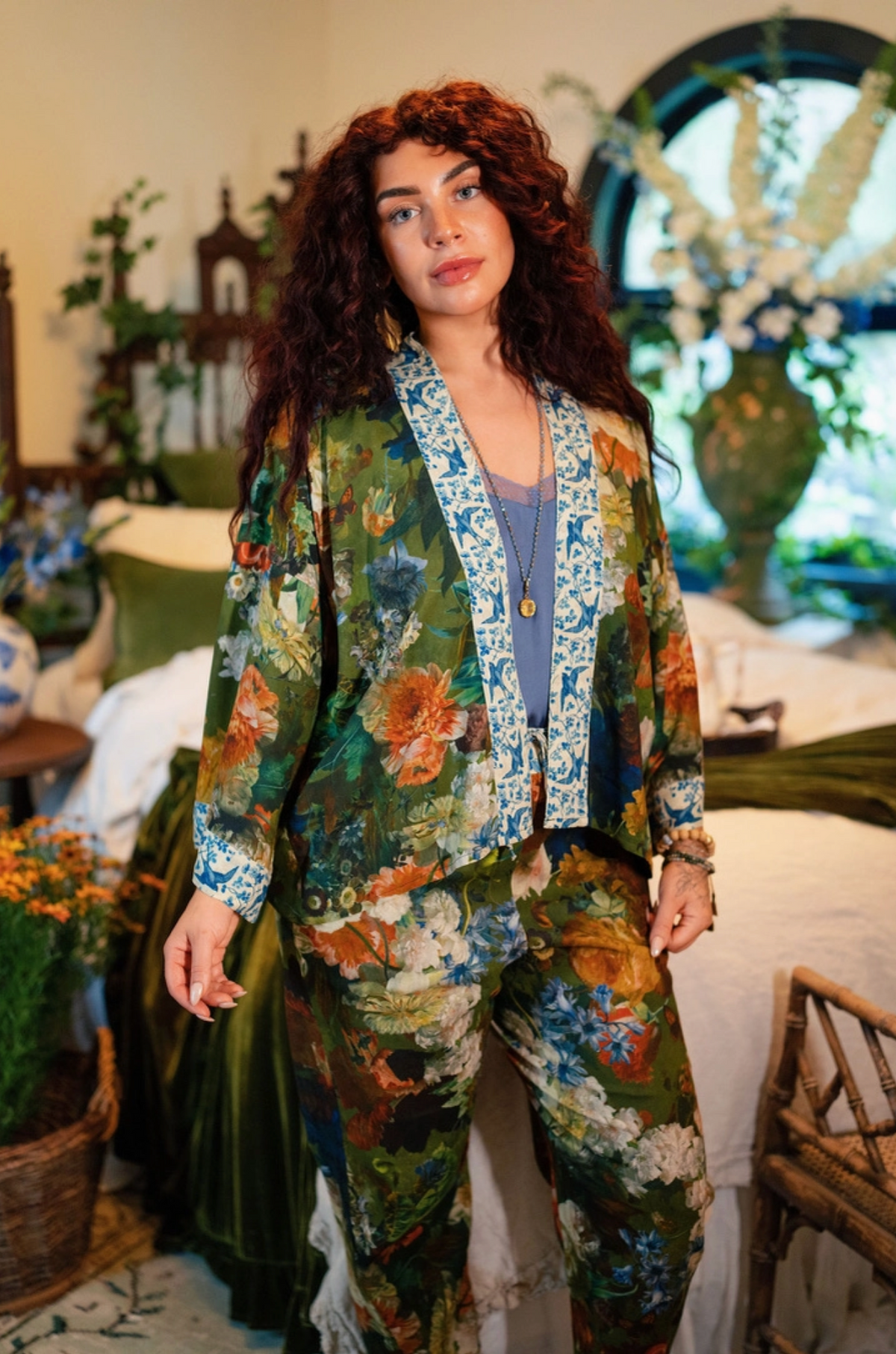 Front view of Flora Poetica cropped kimono with botanical print | Bliss by Cori