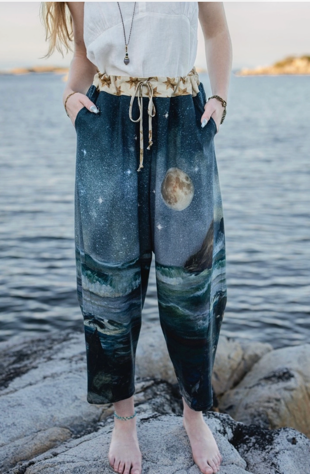 Close-up of the waist and celestial print on the Market of Stars Siren pants | Bliss by Cori