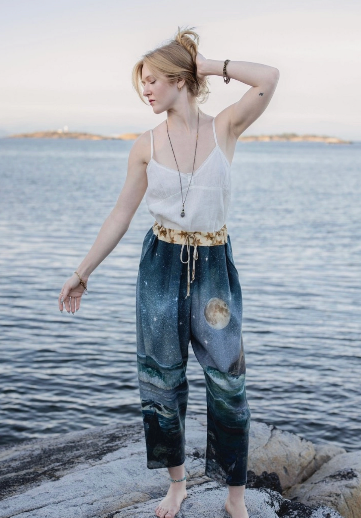 Full front view of the Siren Artist Pants with mermaid and moonlit ocean artwork | Bliss by Cori