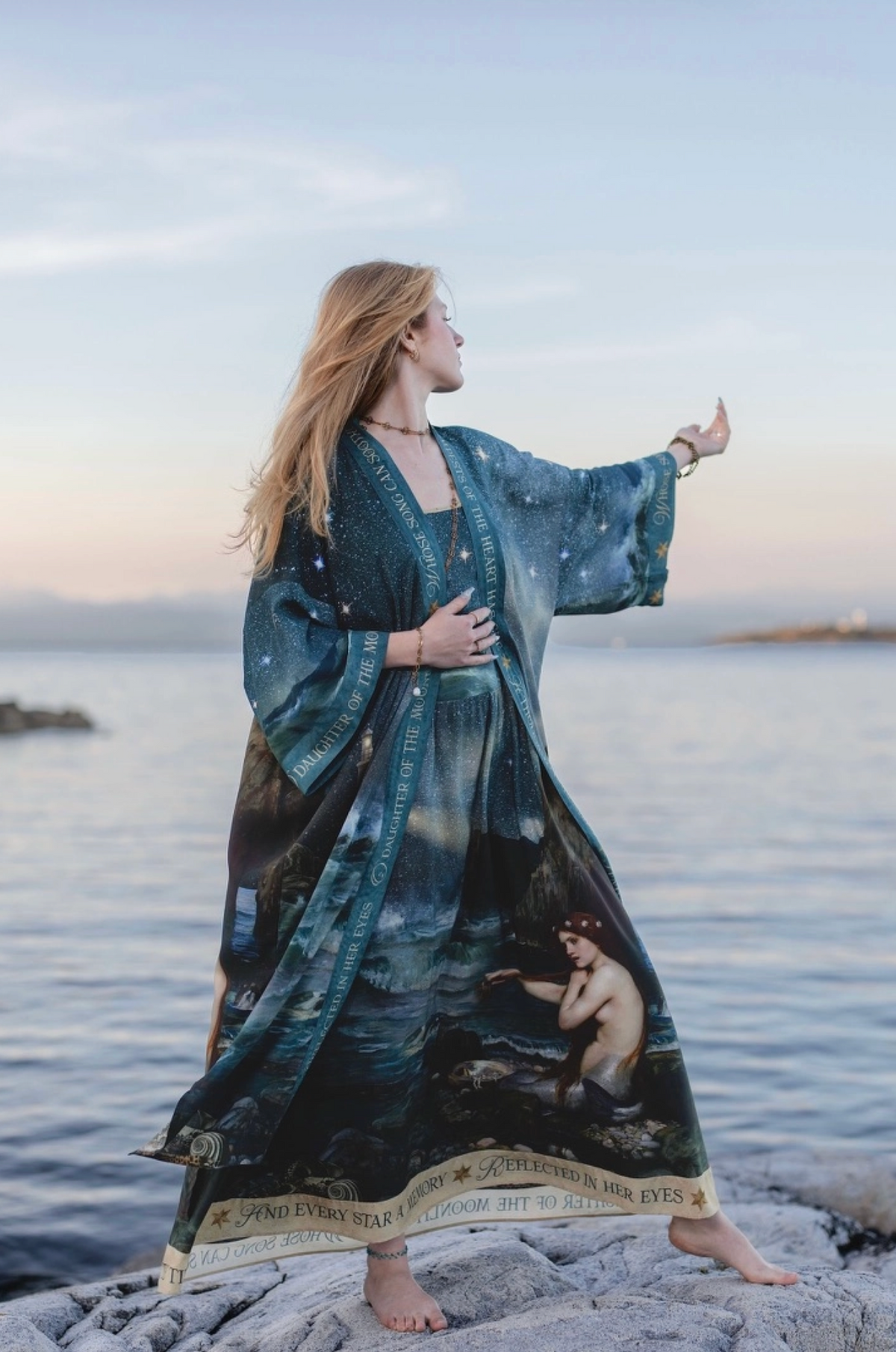 Side view of the Siren celestial maxi dress flowing beside the water | Bliss by Cori