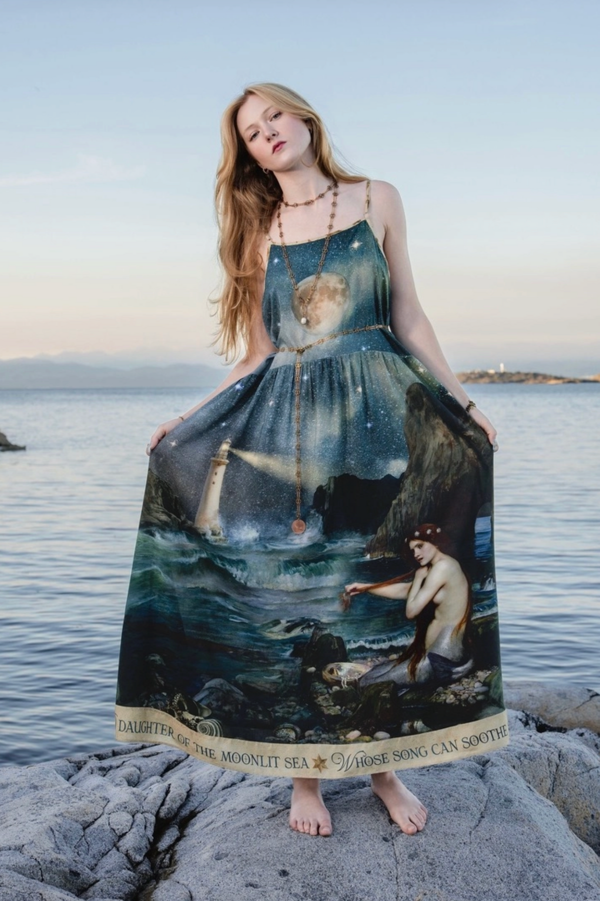 Full front view of the Siren mermaid maxi slip dress on coastal rocks | Bliss by Cori