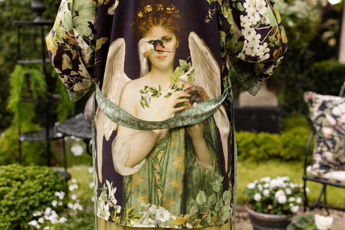 Close view of the Pandora, swan and botanical artwork on the Equinox duster | Bliss by Cori