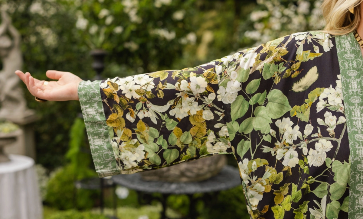 Extended sleeve detail showing the floral and botanical print of the Equinox duster | Bliss by Cori