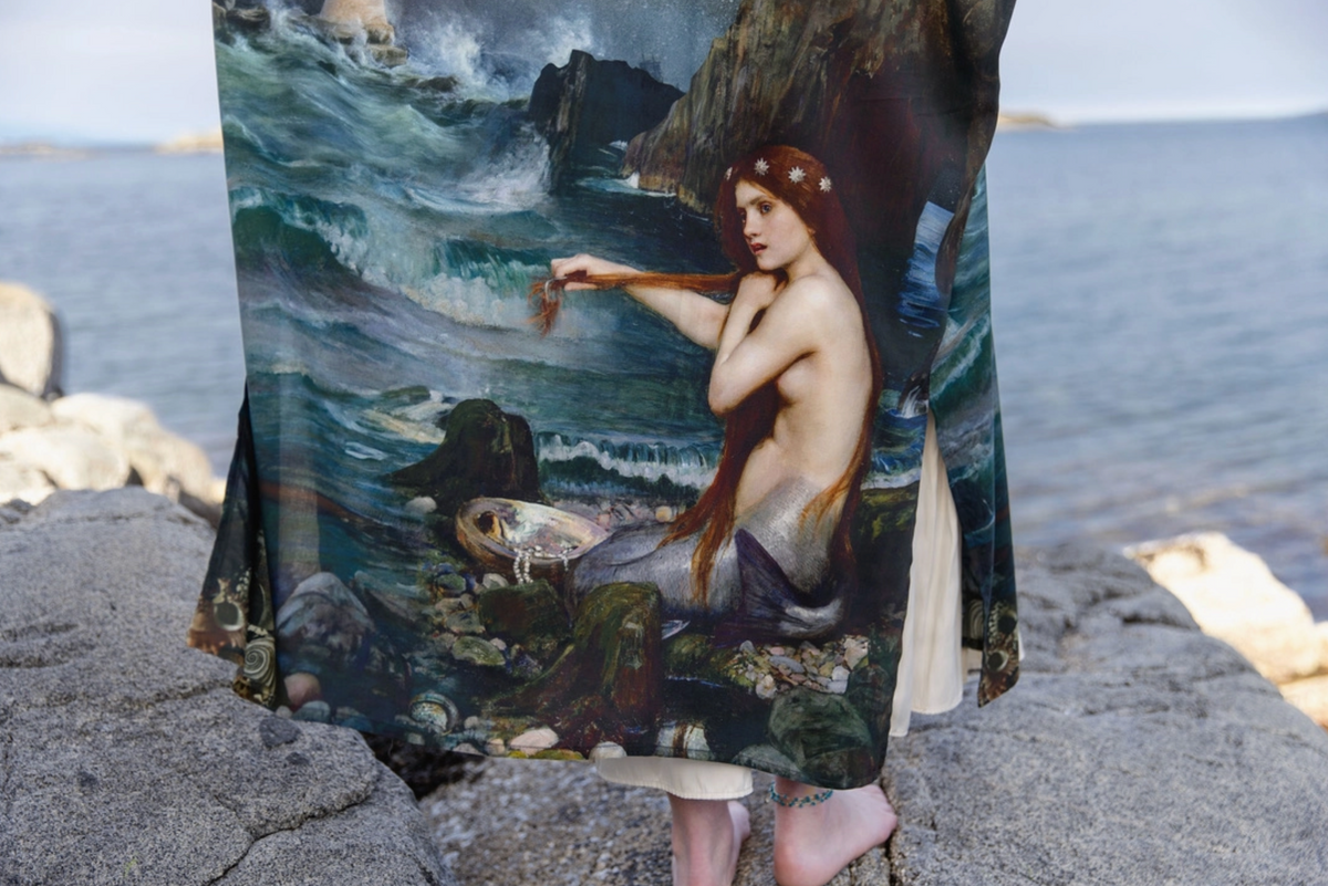 Detailed view of the mermaid, waves and moonlit ocean scene on the Siren opera duster | Bliss by Cori