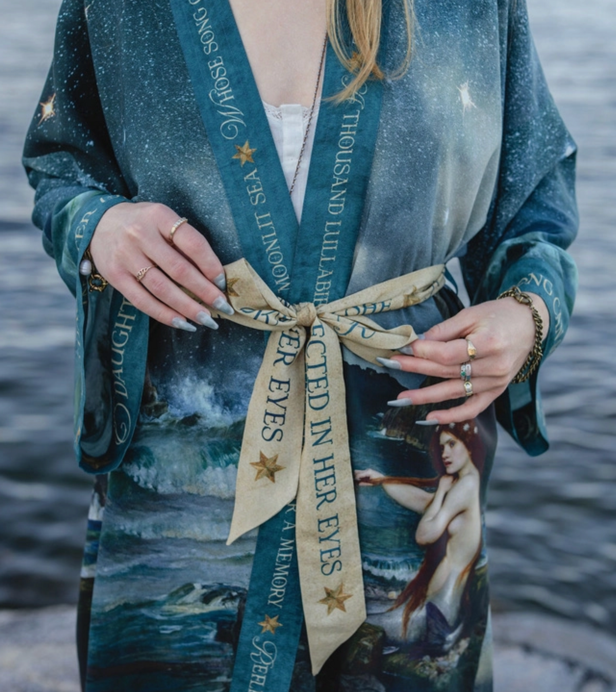 Close-up of the removable belt and front trim on the Market of Stars Siren duster | Bliss by Cori