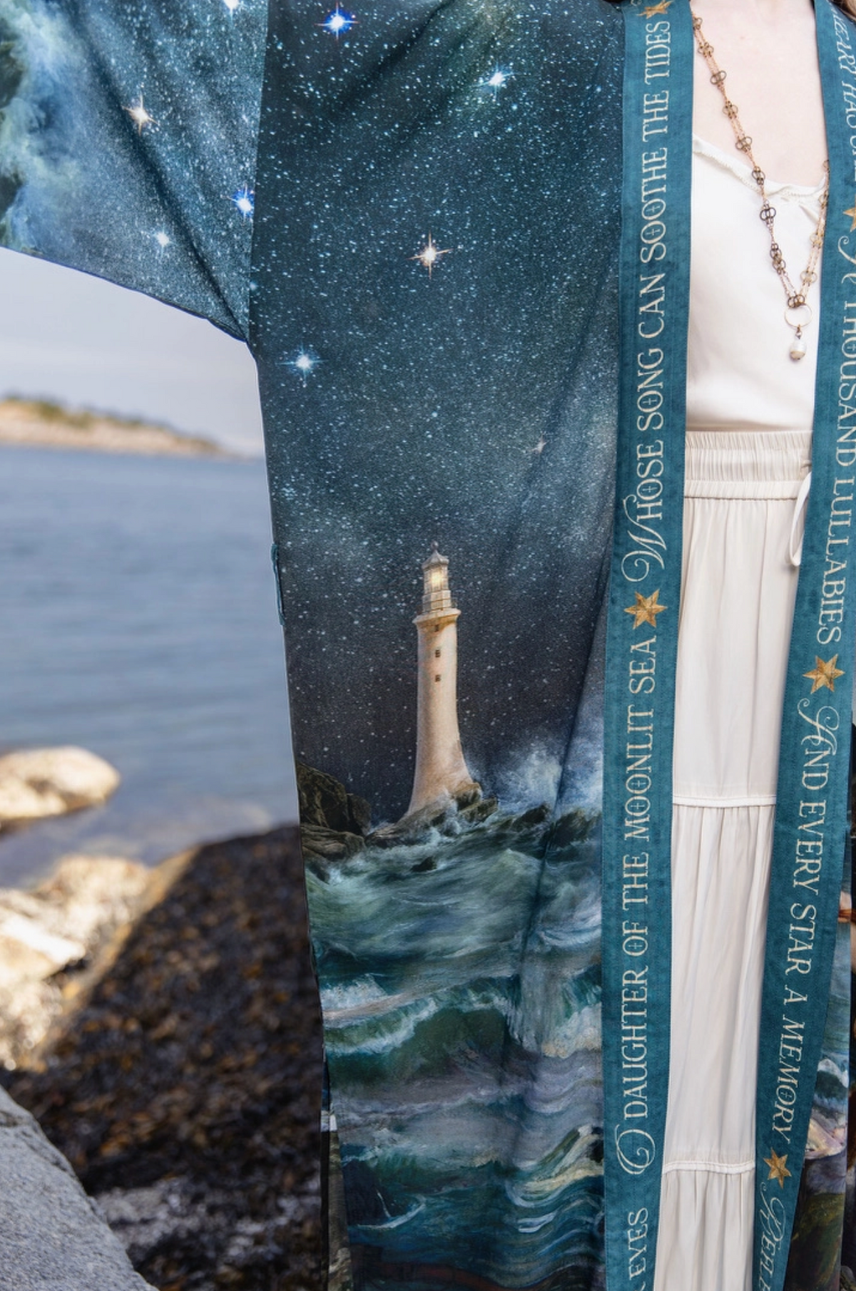 Close-up of the celestial border and poem trim on the Market of Stars Siren duster | Bliss by Cori