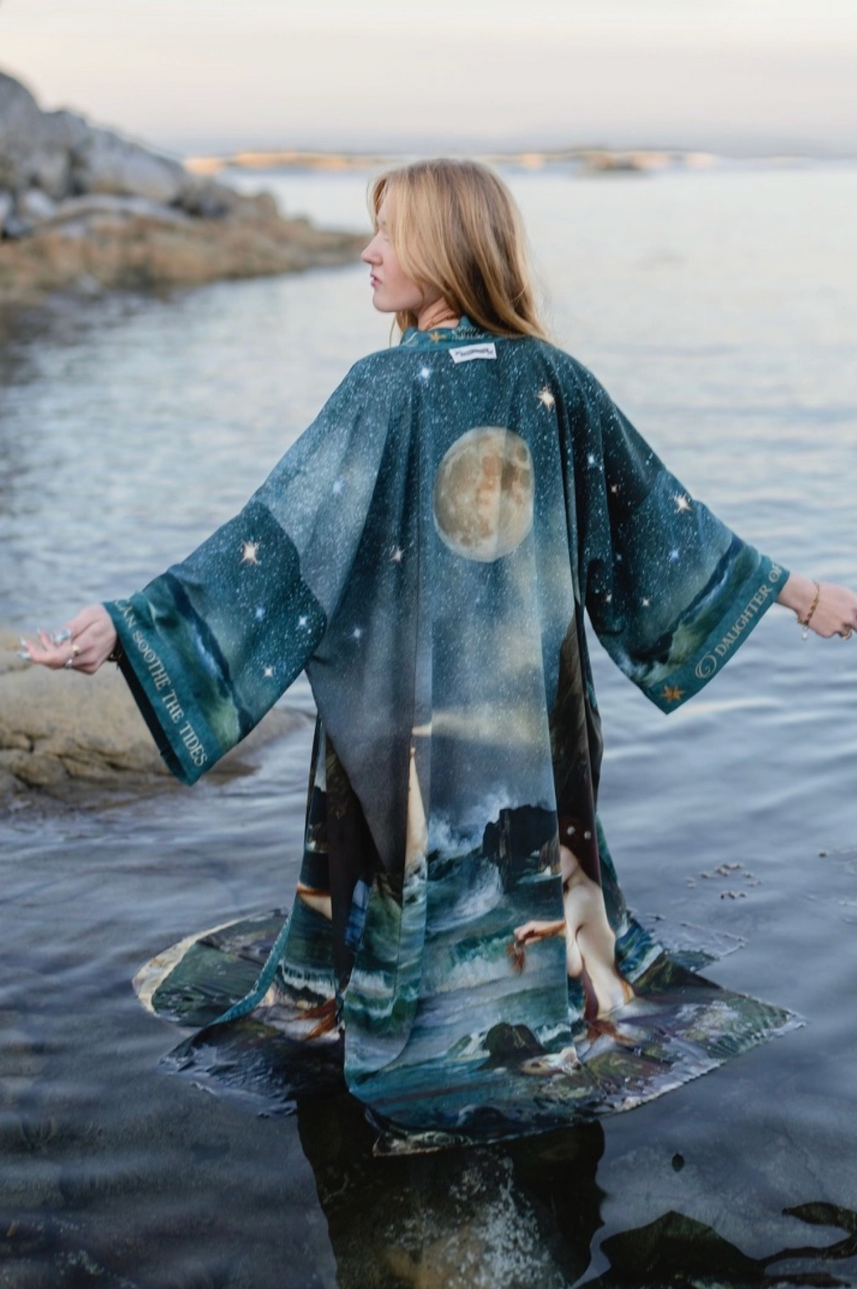 Full back view of the Siren duster with flowing sleeves, moon, stars and ocean artwork | Bliss by Cori
