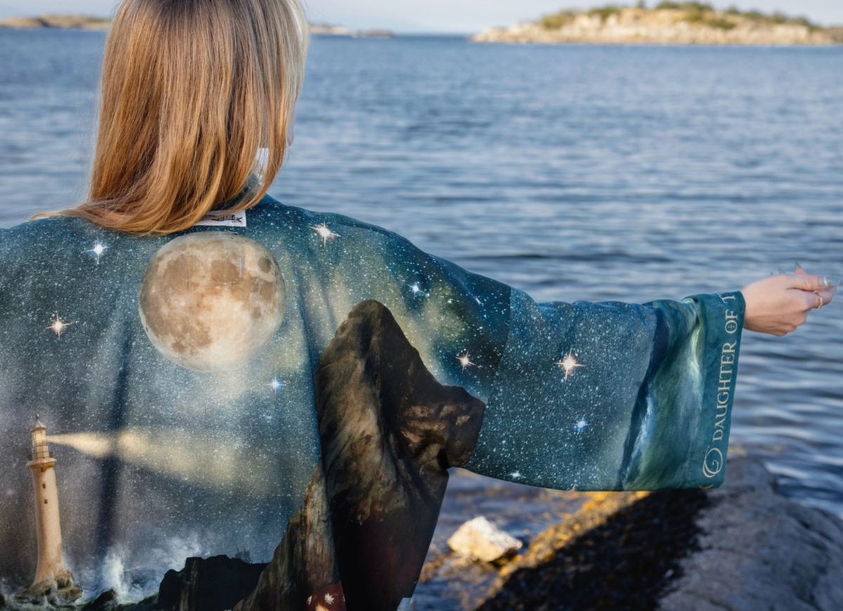 Close-up of the moon and starry sky artwork across the back of the Siren duster | Bliss by Cori