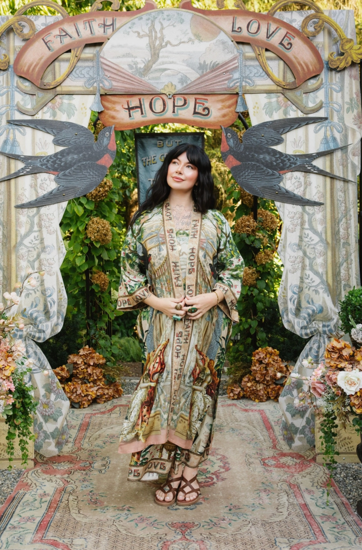  Book of Love maxi slip dress styled beneath a coordinating printed duster in a garden setting | Bliss by Cori