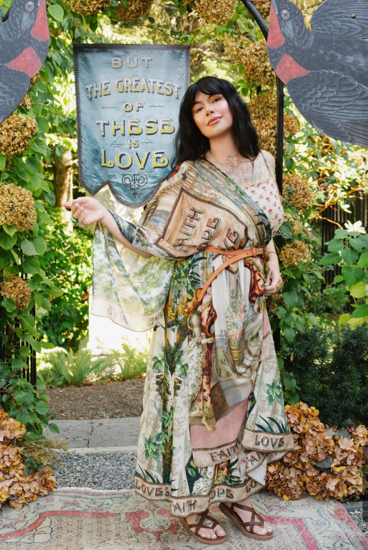 Book of Love scarf draped over one shoulder and belted over a coordinating maxi dress, shown full length | Bliss by Cori