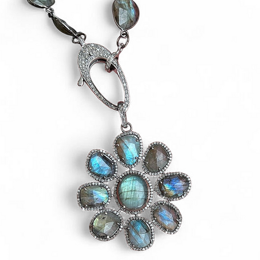 Flashy Blue Labradorite Diamond Flower Necklace
