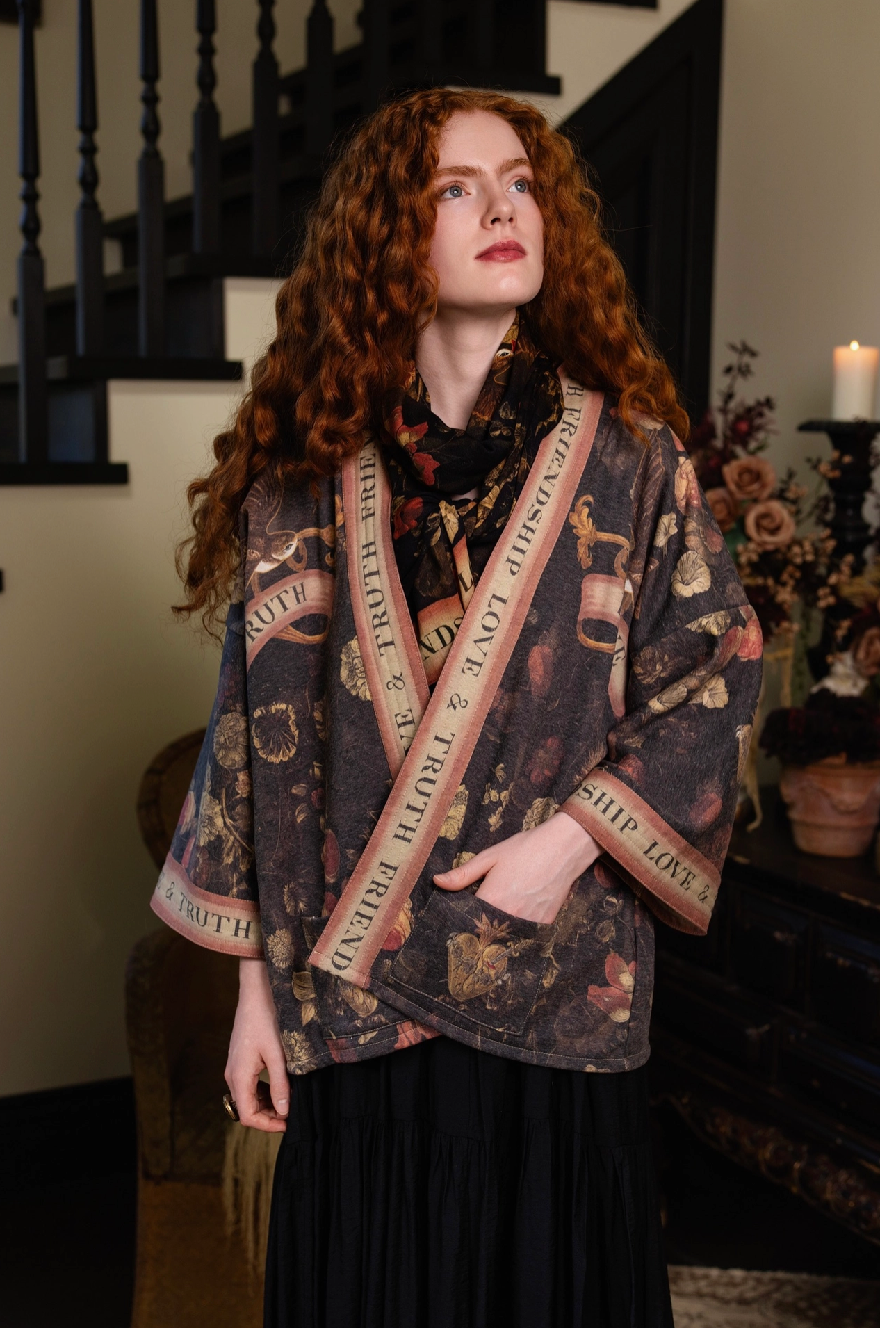 Back view of Heart of Gold Cottage Jacket with floral print and Love & Truth banner | Bliss by Cori
